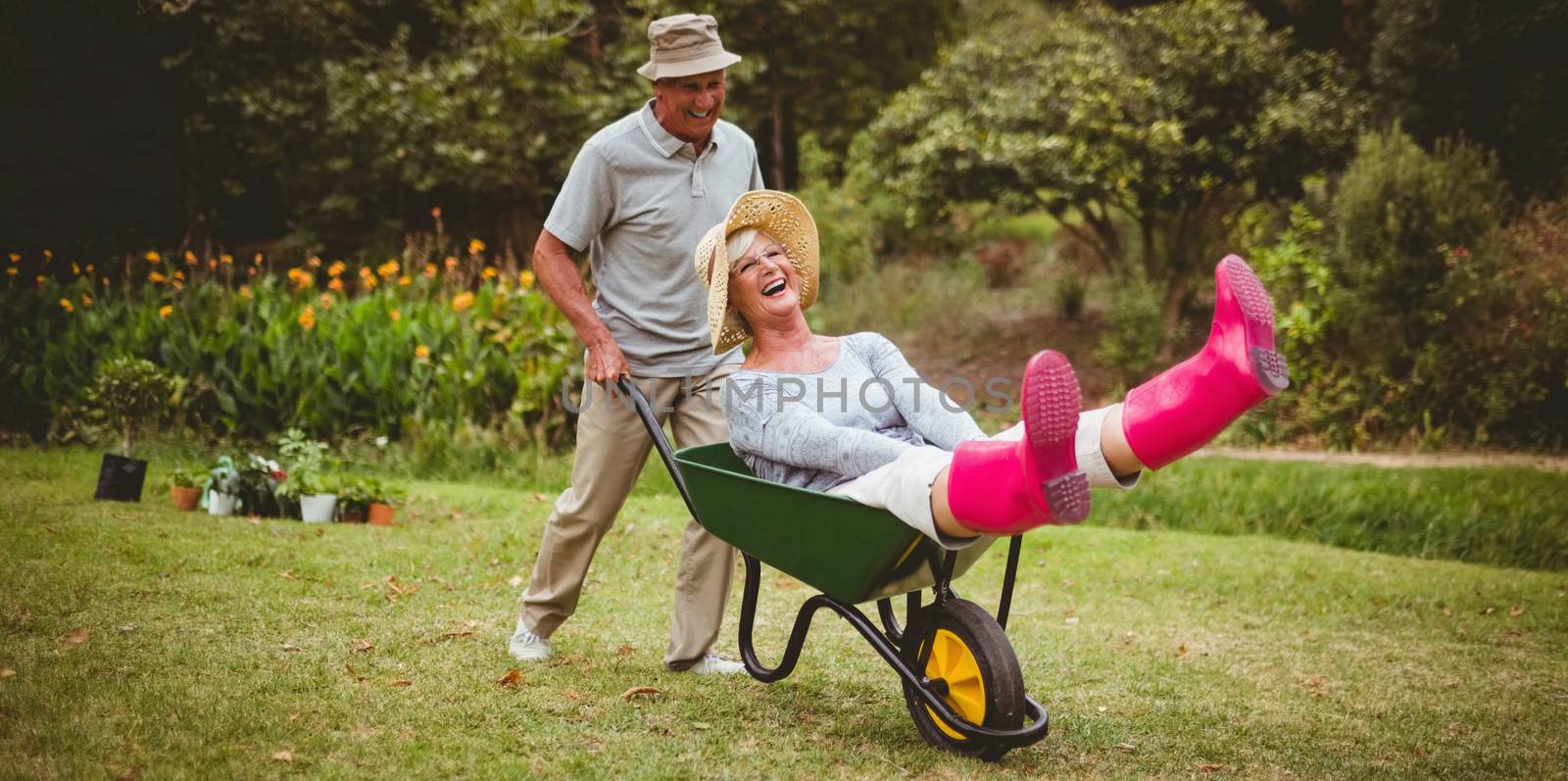 Happy senior couple playing with a wheelbarrow  by Wavebreakmedia