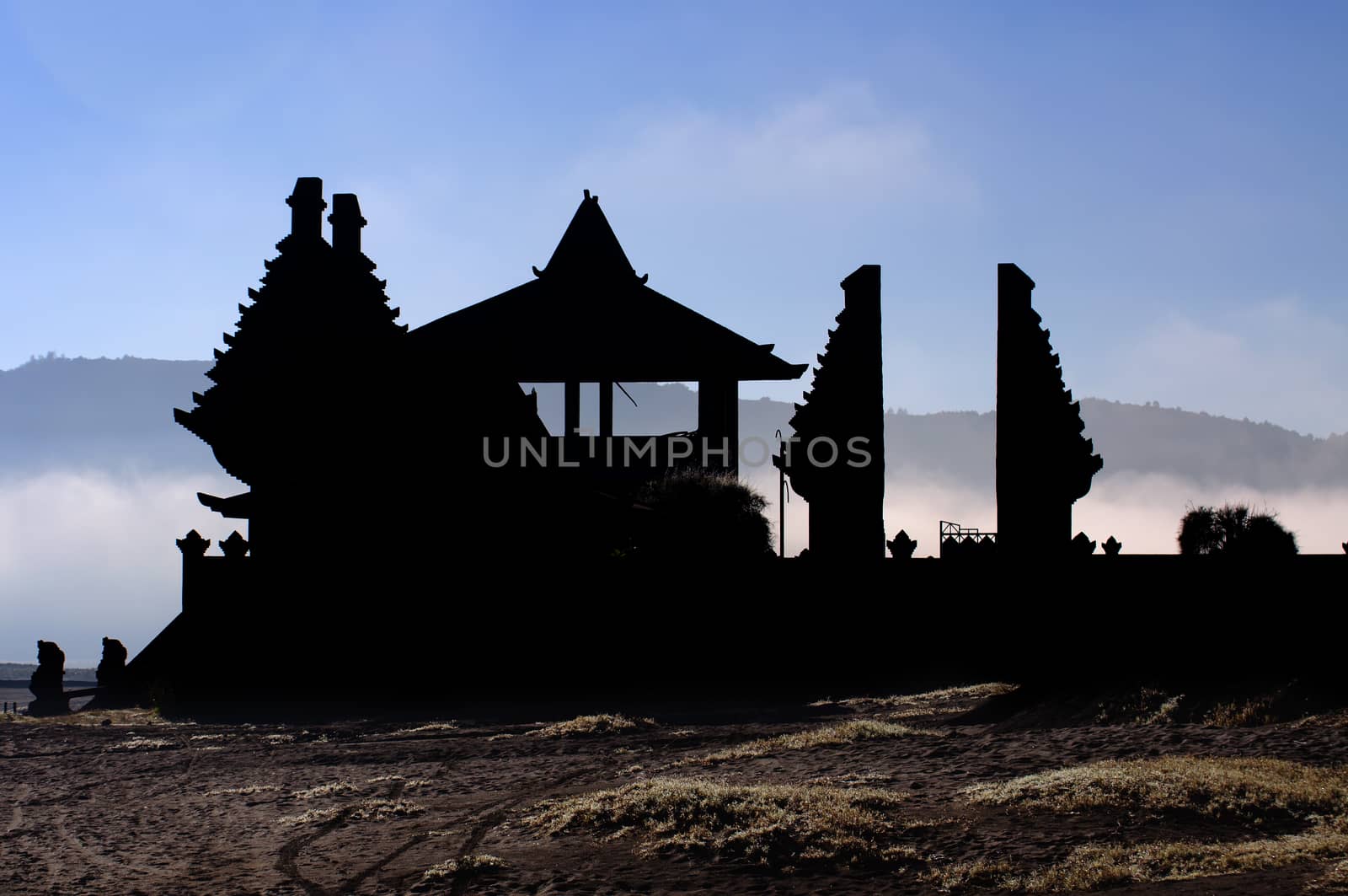 Temple silhouette at the foothills of the Bromo volcano,Tengger Semeru National Park, East Java, Indonesia