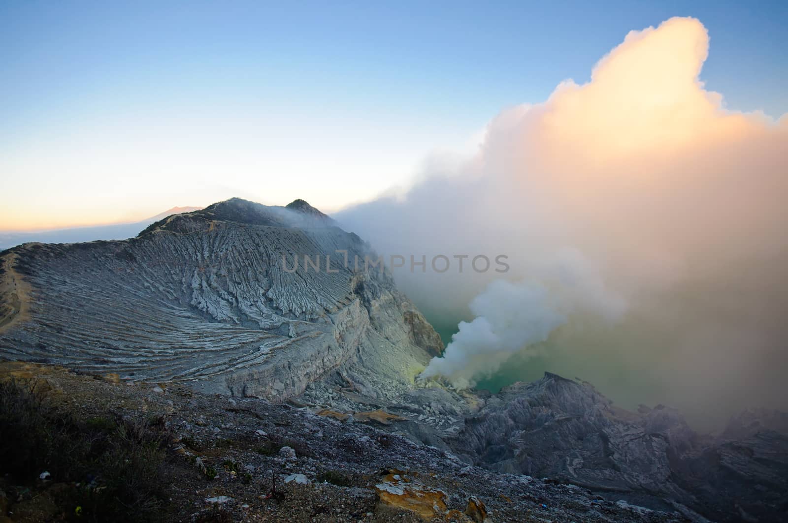 Ijen volcano in East Java in Indonesia. It's famous for sulfur mining and acid lake.