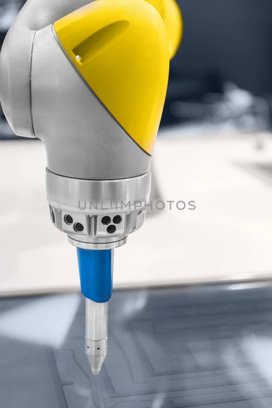 High technology robotic arm closeup photo in factory