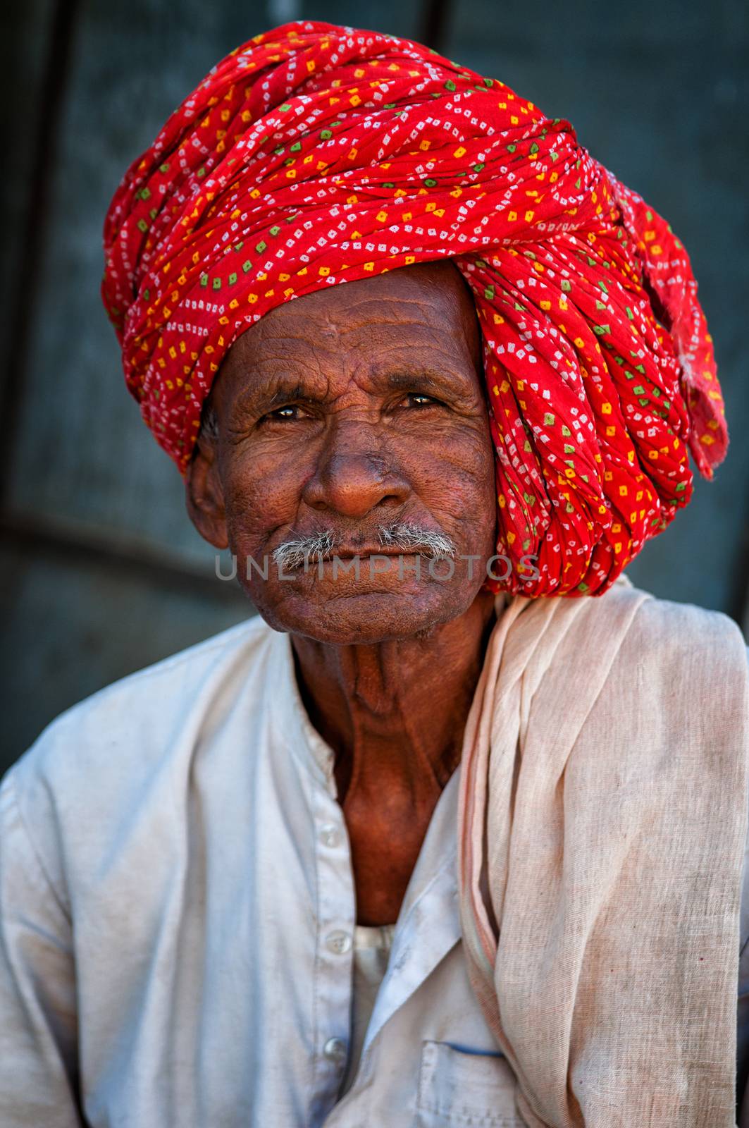 Indian man with mustache in traditional colourful turban portrait Pushkar, India. March 3, 2013