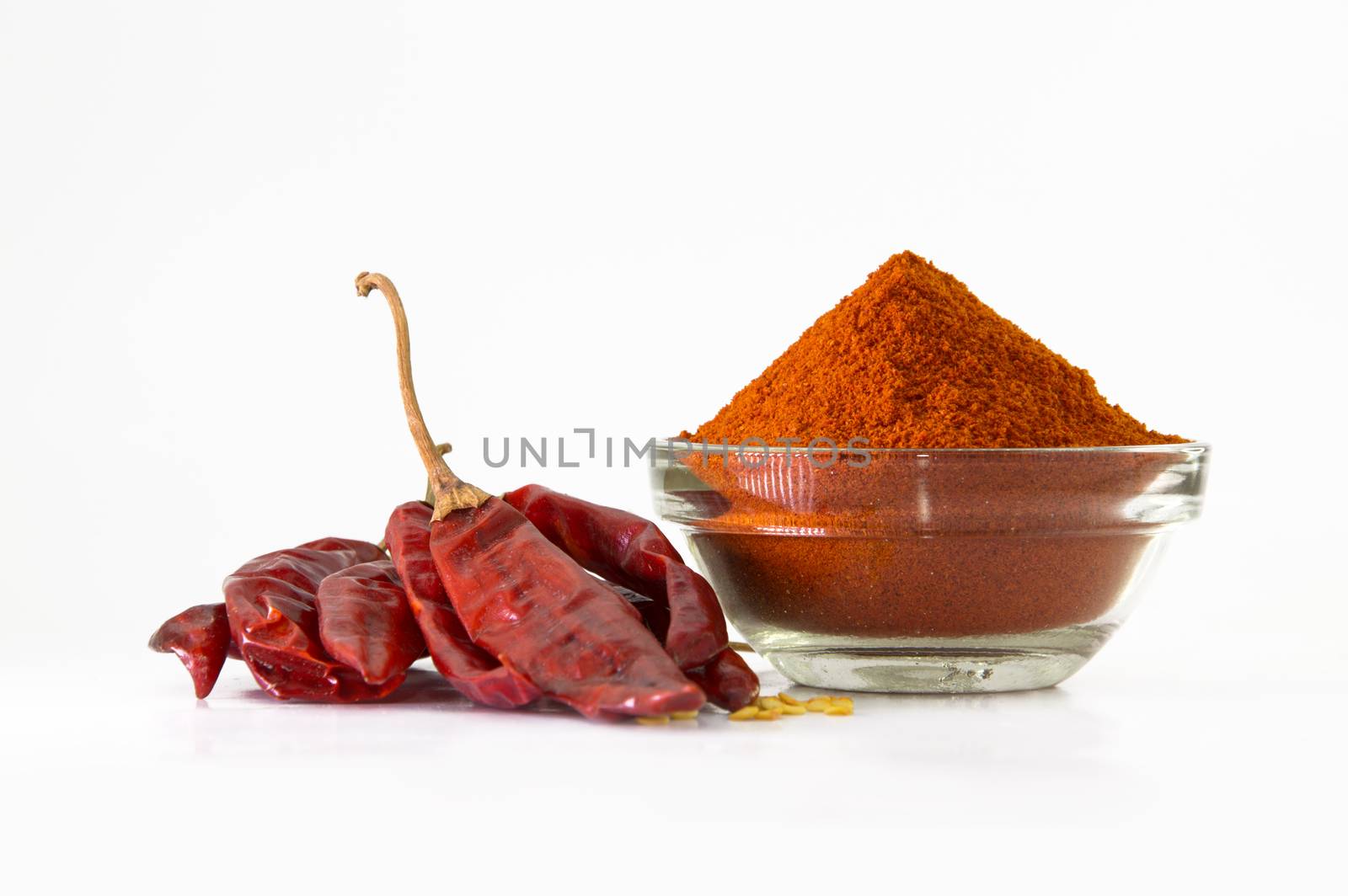 chilly powder in bowl with red chilly, dried chillies
