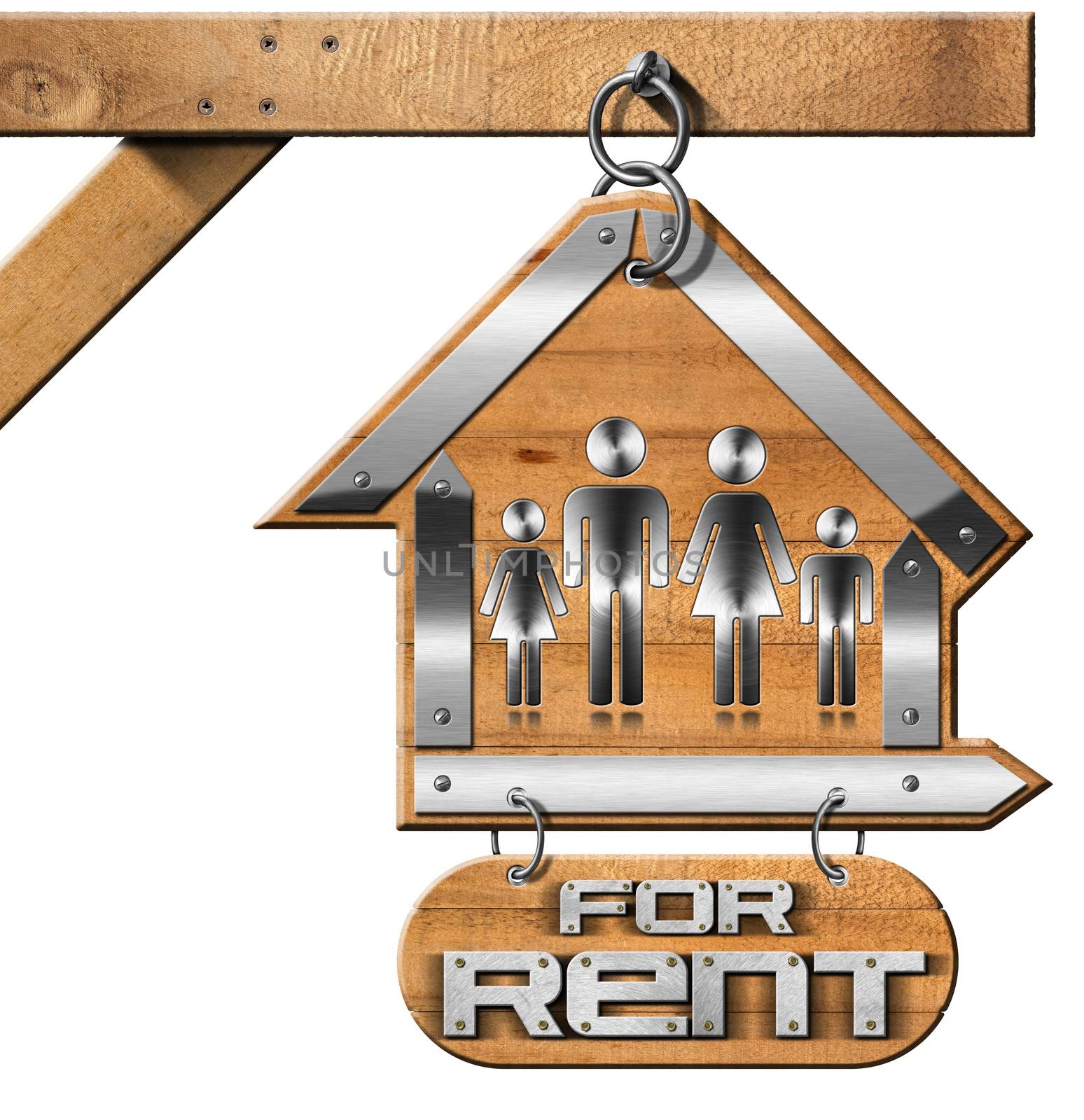 Sign in the shape of house with symbol of a family and text For rent. Real estate sign hanging from a chain a pole and isolated on white