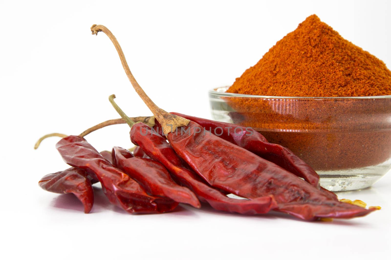 chilly powder in bowl with red chilly, dried chillies