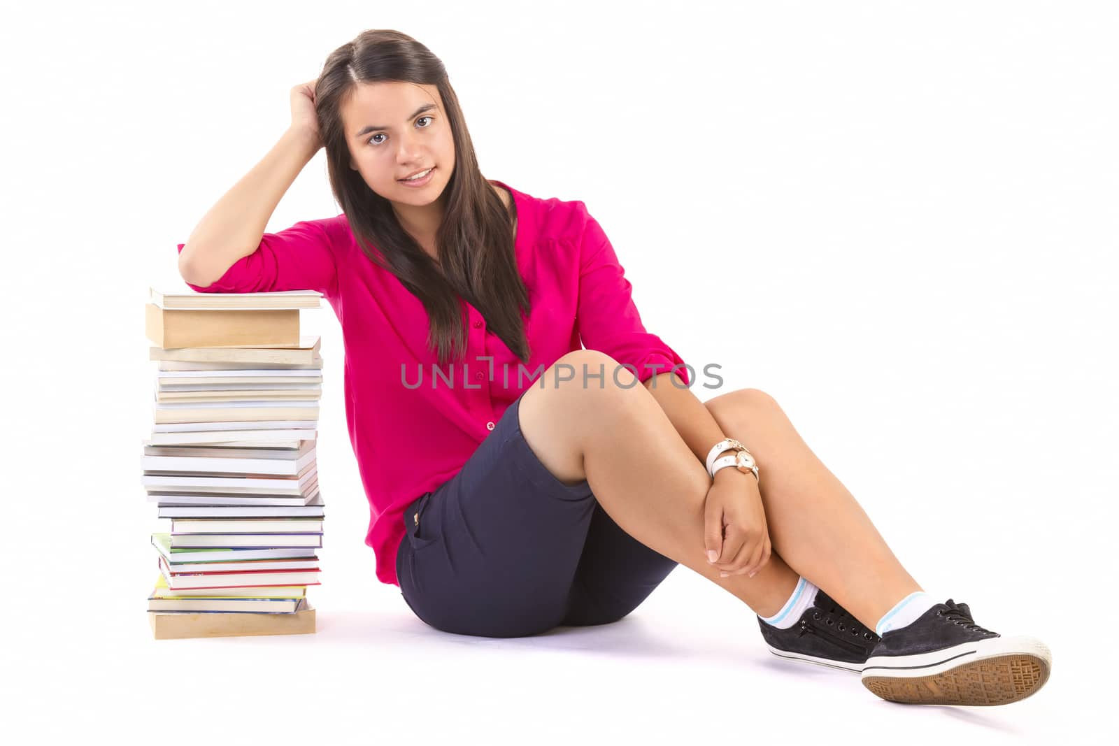 young student girl with stack of books on withe background