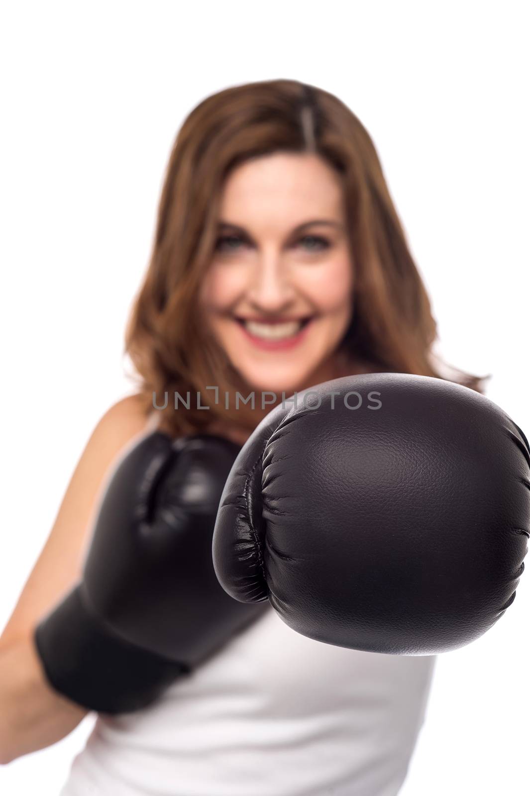 Woman with boxing gloves, focus on gloves