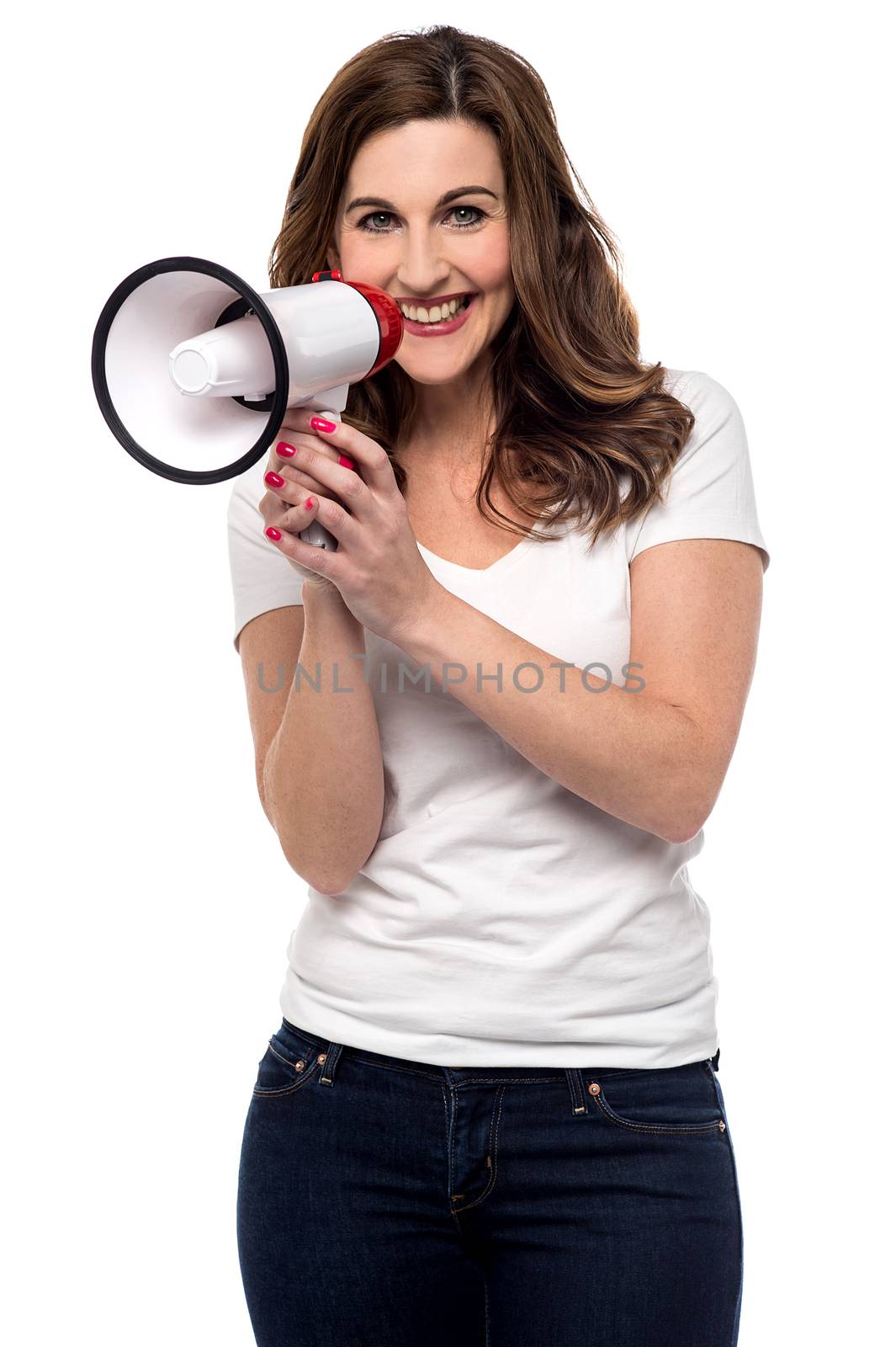 Smiling woman making advertise with megaphone