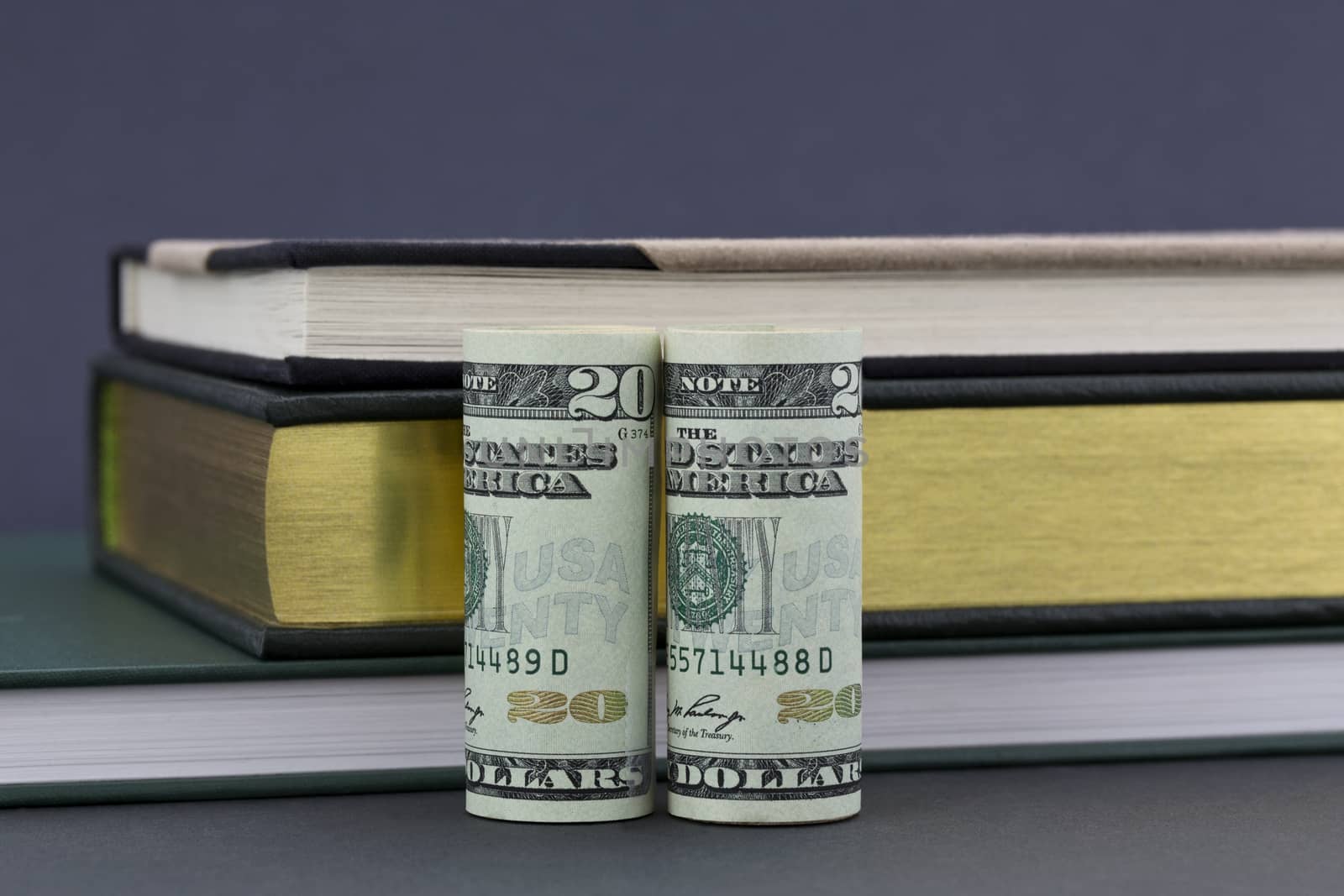 Costs and financing of education questions reflected by American currency placed with books on gray background.