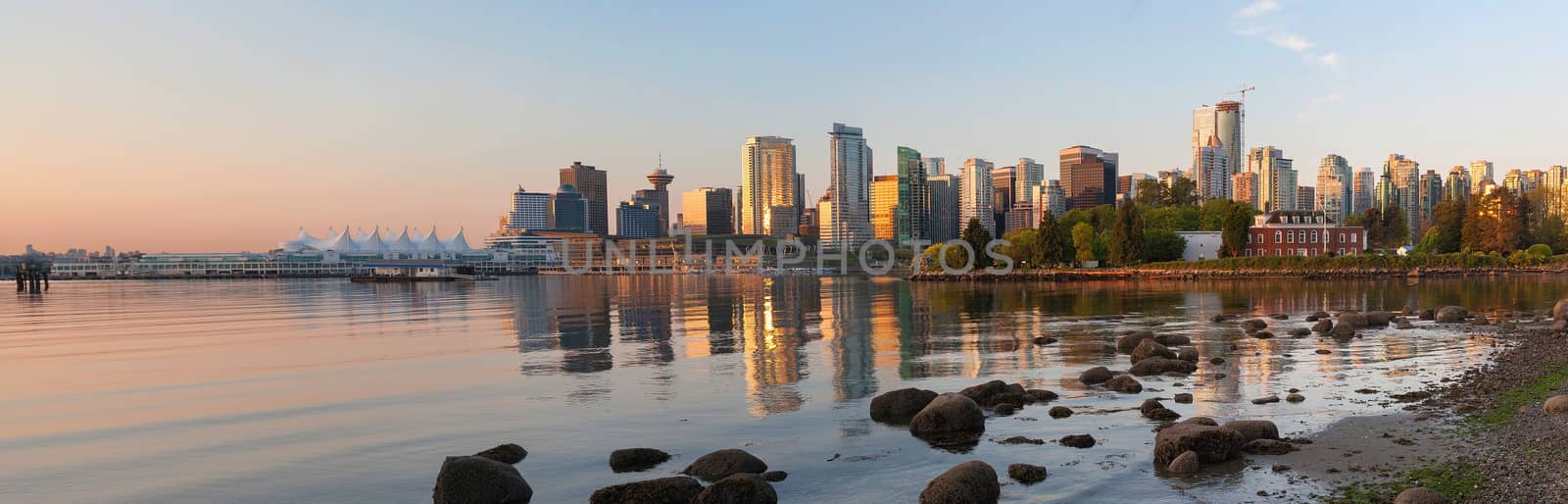 Vancouver British Columbia Canada City Skyline and Deadmans Island from Stanley Park at Sunrise Panorama