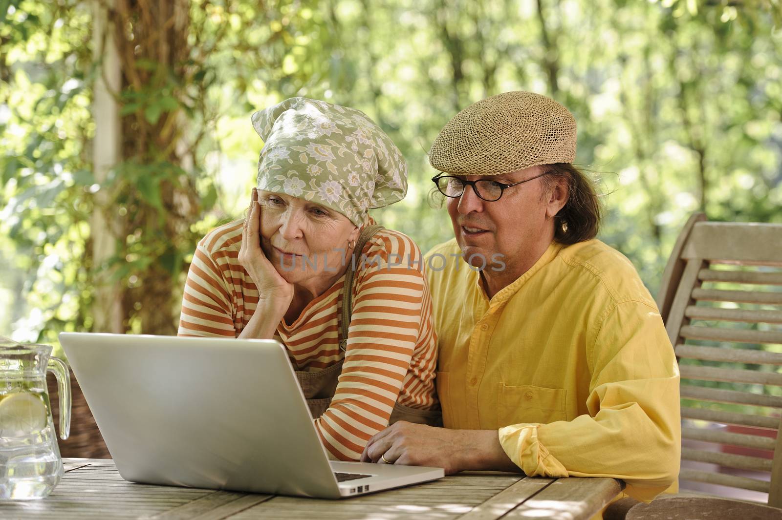 Senior couple outdoors with a laptop, They're looking at the computer. There's a sunny background of trees and bushes