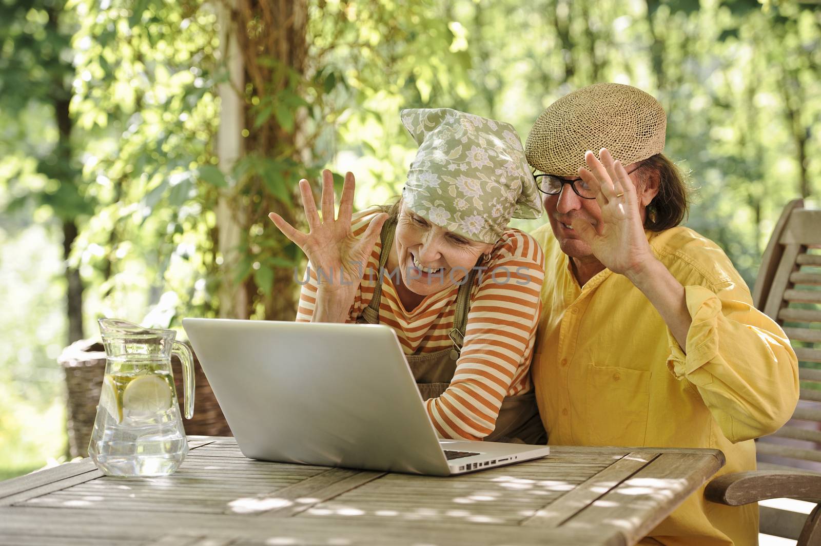 Senior couple outdoors with a laptop, They're looking at the computer. Possibly having a wireless video call with grandchildren. There's a sunny background of trees and bushes