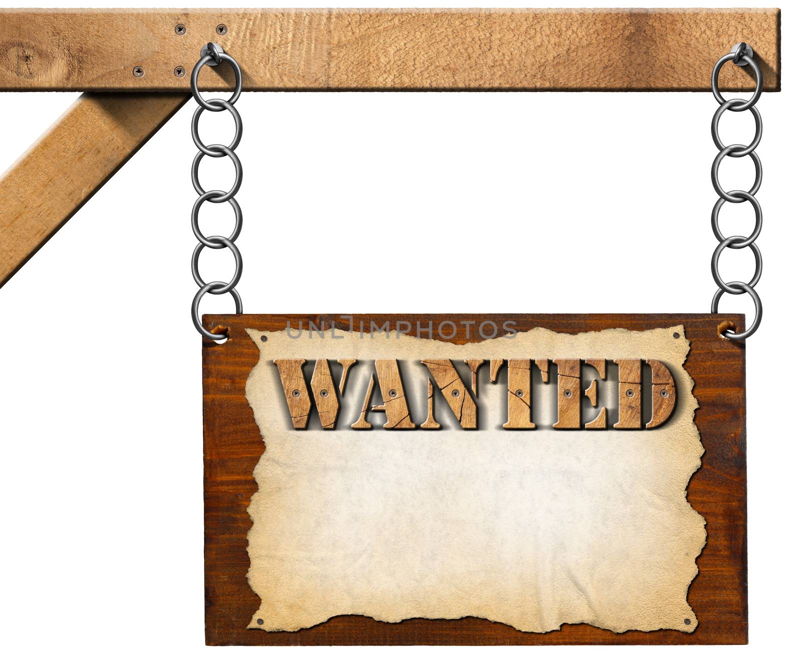 Dark wooden sign with torn empty parchment with text Wanted. Hanging from a metal chain on a wooden pole and isolated on white background