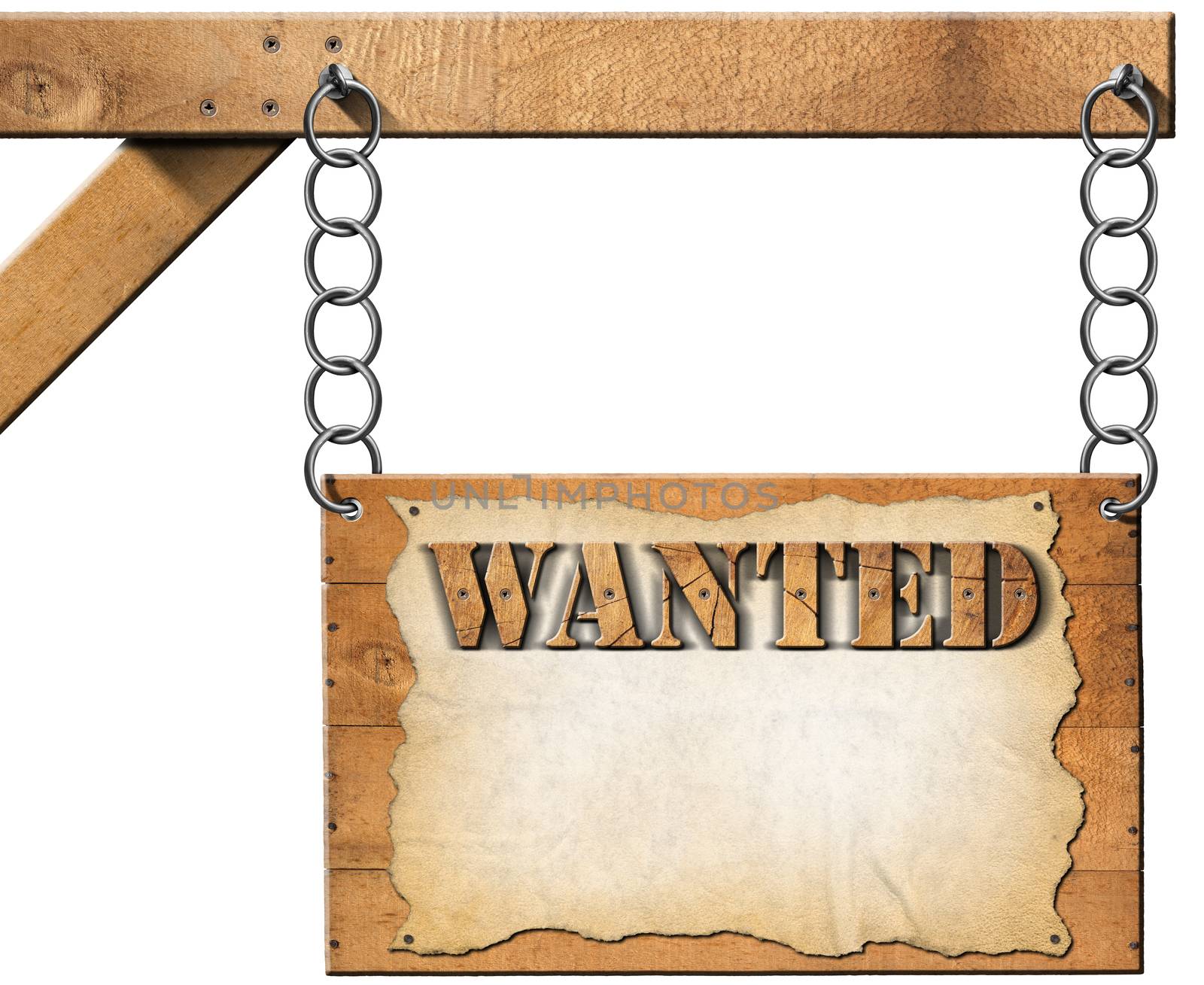 Wooden sign with planks and torn empty parchment with text Wanted. Hanging from a metal chain on a wooden pole and isolated on white background