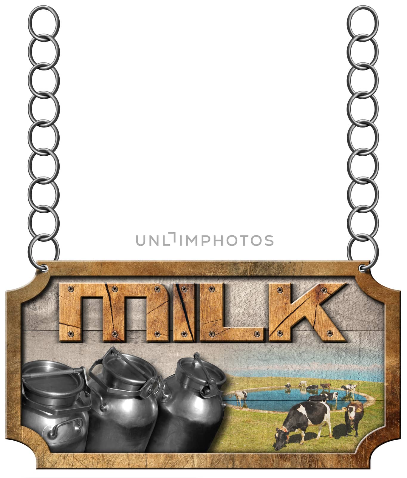 Wooden and metallic sign with text Milk, steel cans for the transport of milk and cows grazing. Hanging from a metal chain and isolated on white background