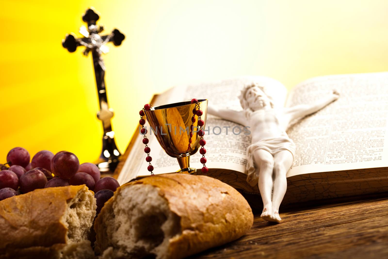 Christian holy communion, bright background, saturated concept