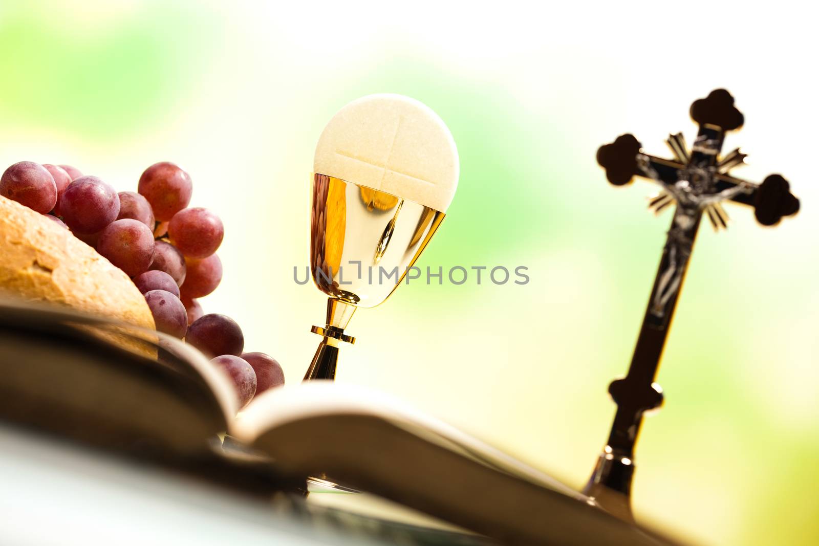 Christian holy communion, bright background, saturated concept