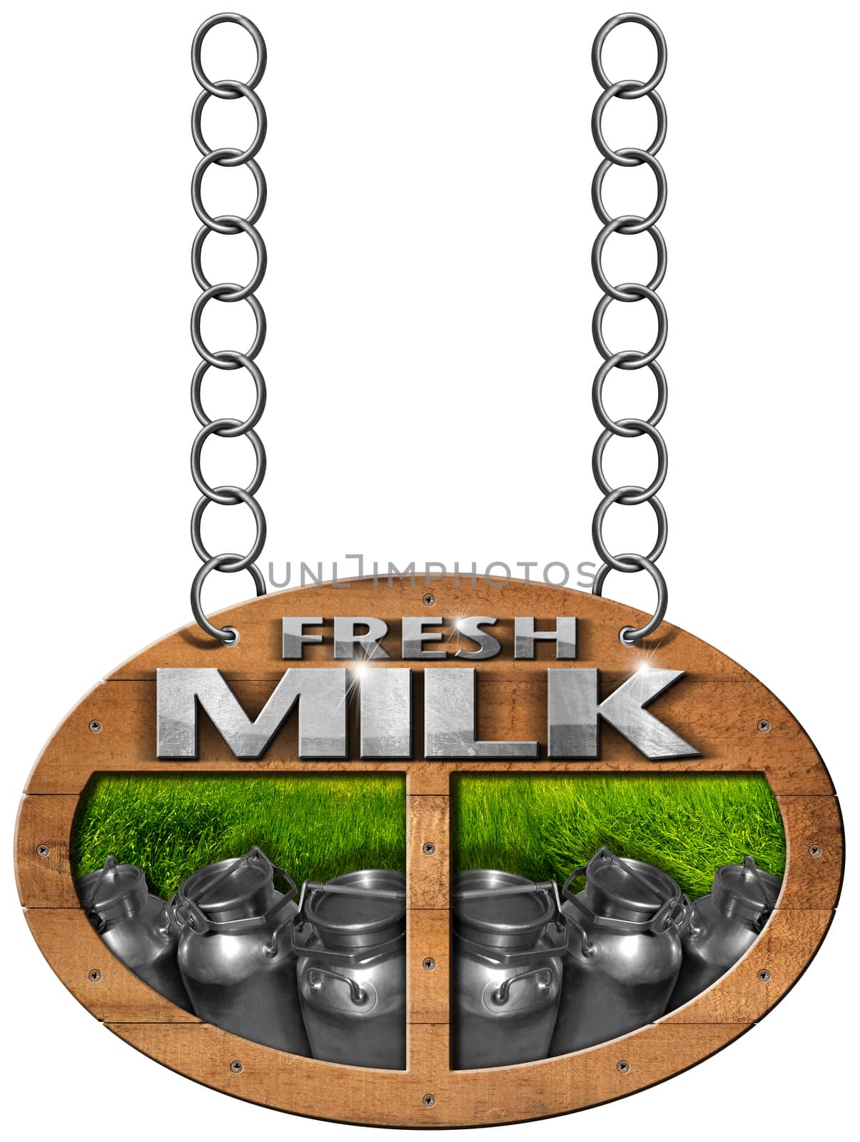 Wooden sign with text Fresh milk, steel cans for the transport of milk on green grass. Hanging from a metal chain and isolated on white background