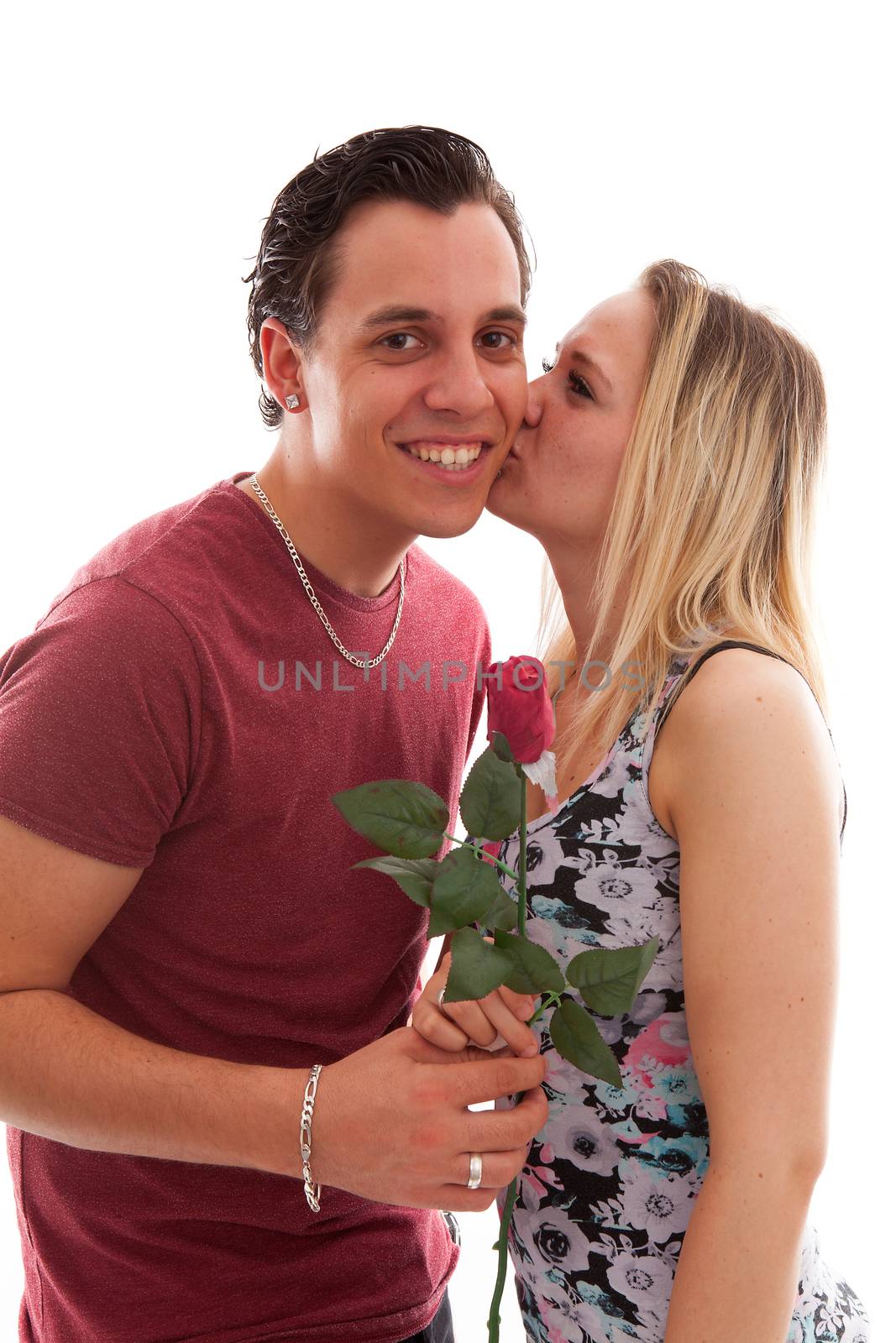 Girl is happy with rose giving by boyfriend over white background