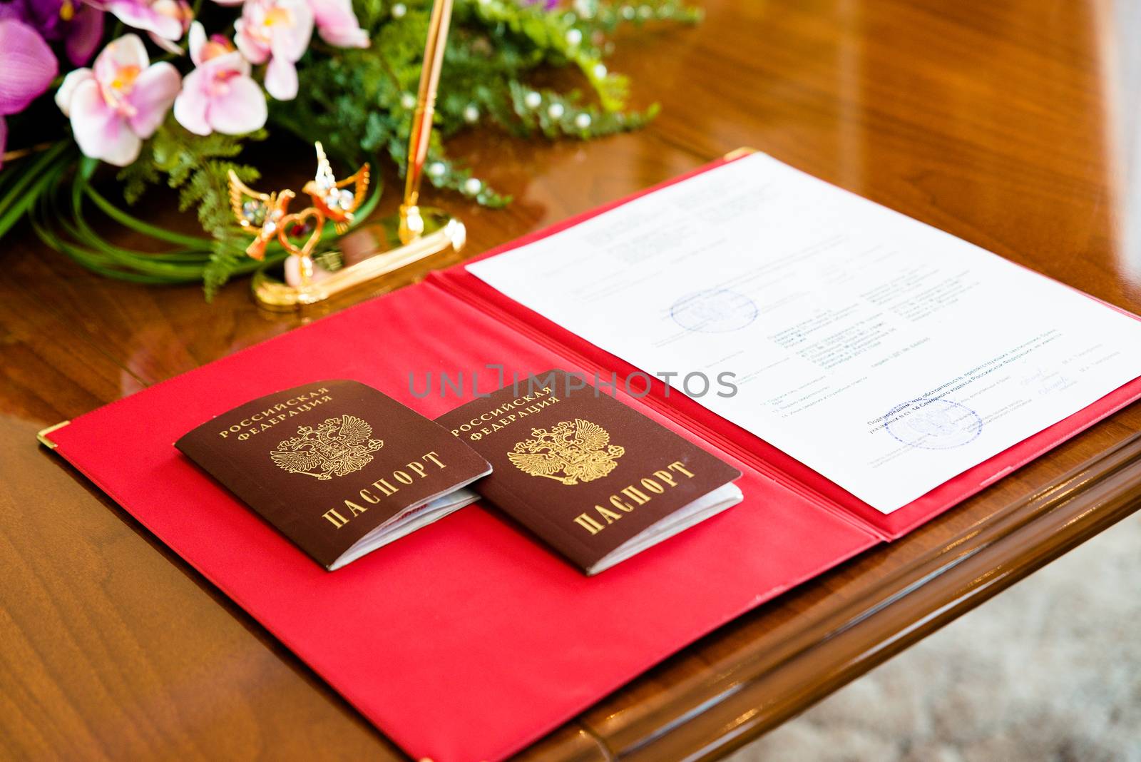 Russian passports on the table in the registry office.