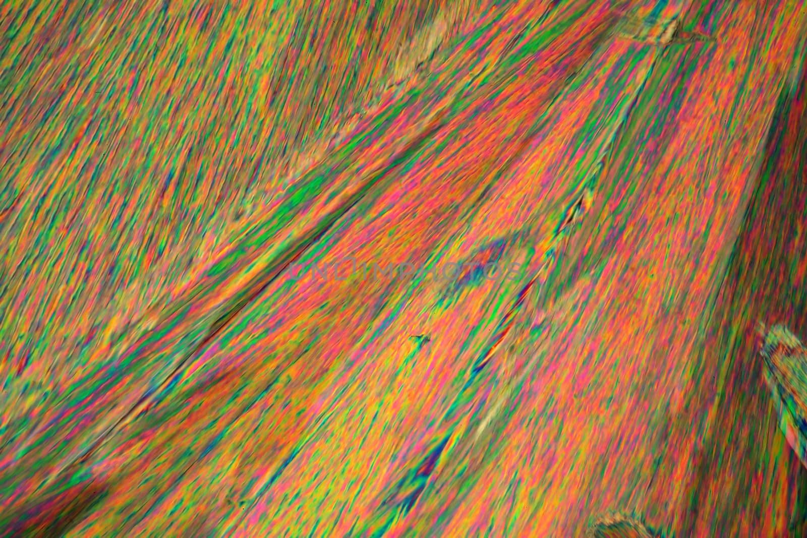 Crystals of acetylsalicylic acid under a microscope. The crystals are precipitated from a solution on a microscope slide and photographed in polarized light.