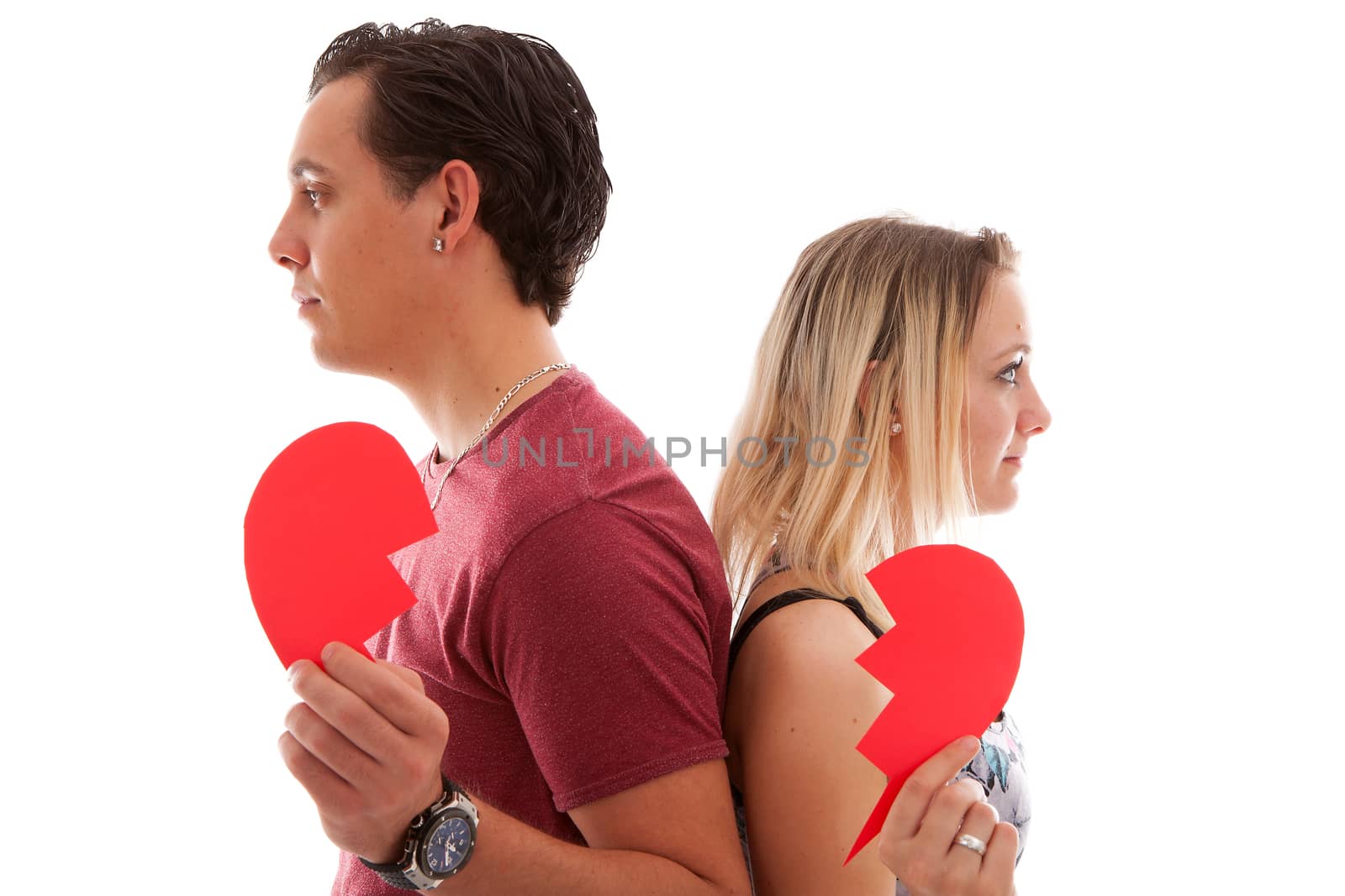 Young couple is breaking up isoalted on white bakground