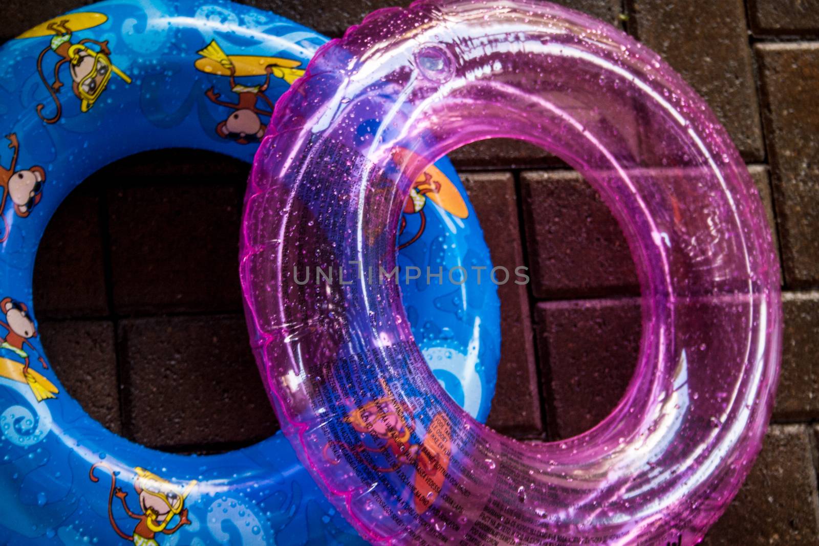 colorful swimming ring  blue and purple on brick floor
