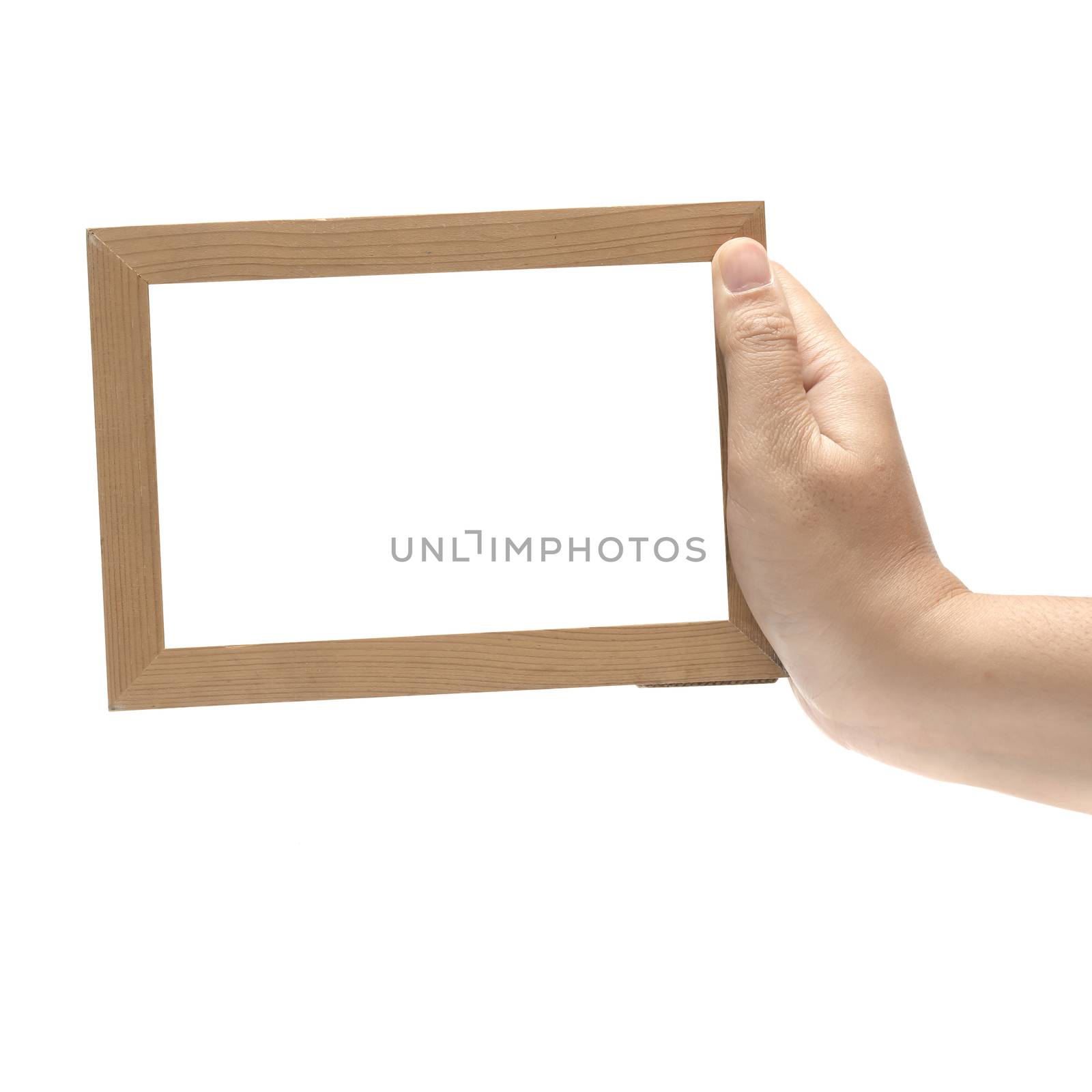 hand holding photo frame isolated on white background