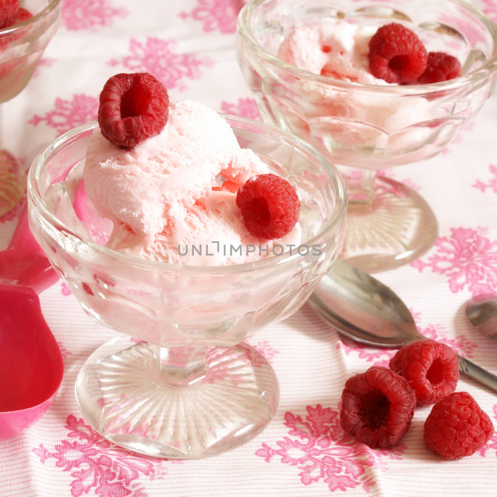A delicious cup of frozen raspberry ice cream topped with fresh fruit.