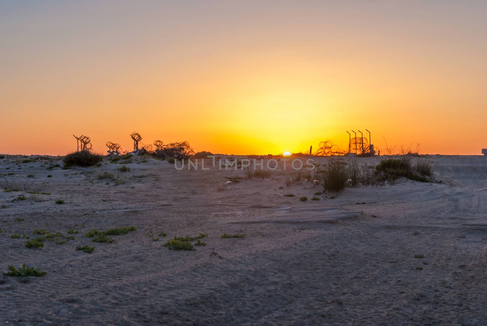 Barbed wire in the desert at sunset