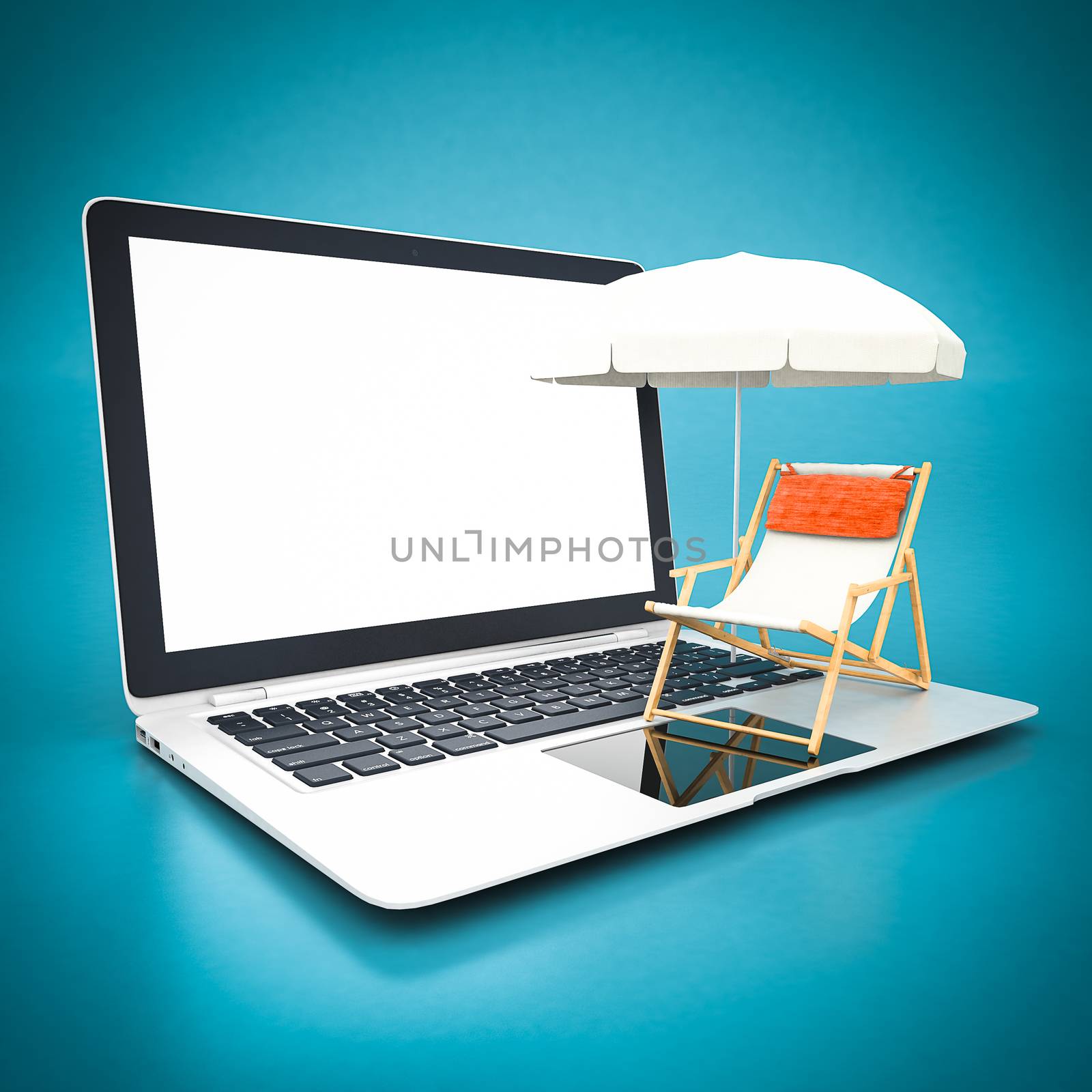 Beach chair and umbrella and white laptop on a blue background