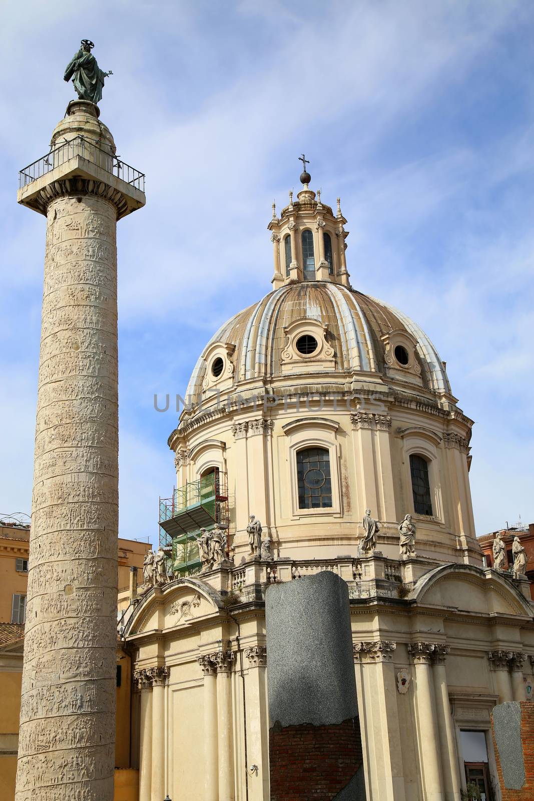 daetails Traian column and Santa Maria di Loreto in Rome, Italy