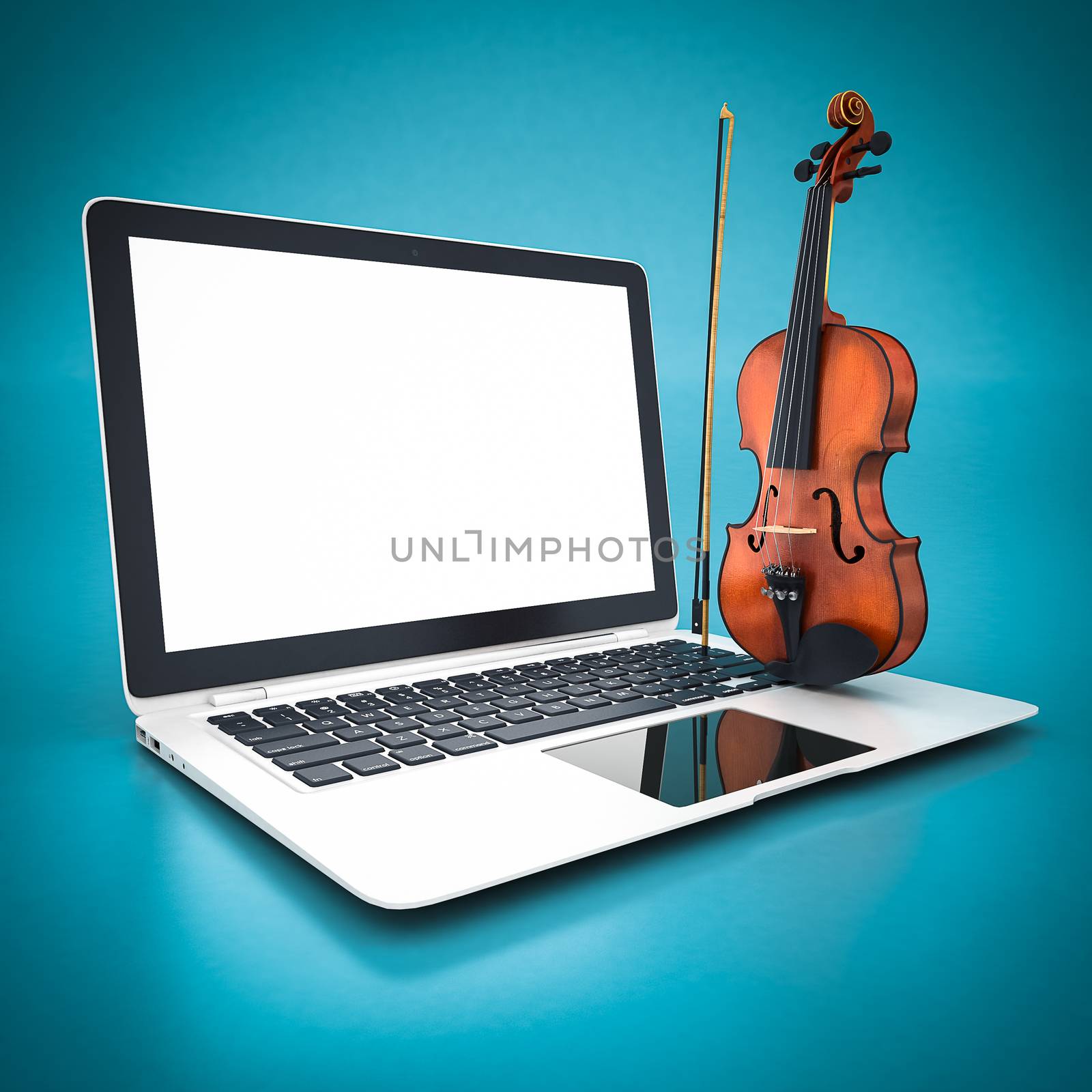 beautiful violin and white laptop on a blue background