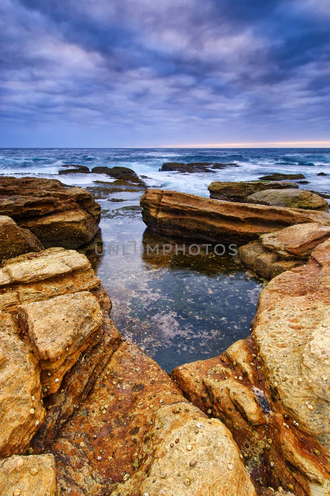 Sunrise seascape with orange rocks and ocean pools and sea shells with cloudy stormy sky and distant cliffs