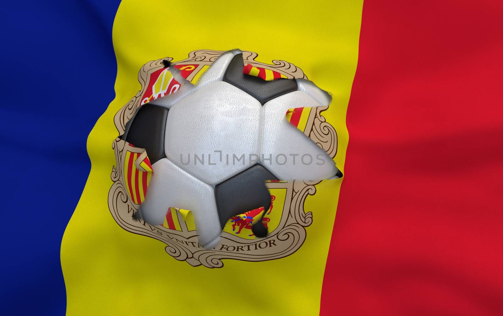 Flag of Andorra and soccer ball, hole in flag