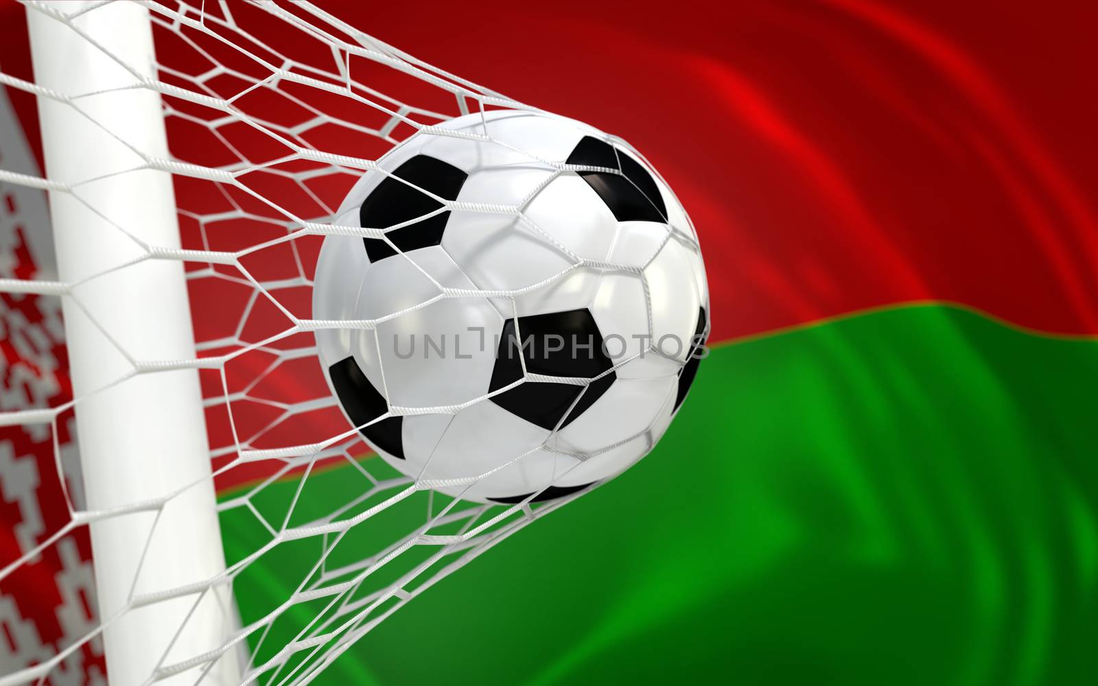 Belarus flag and soccer ball, football in goal net