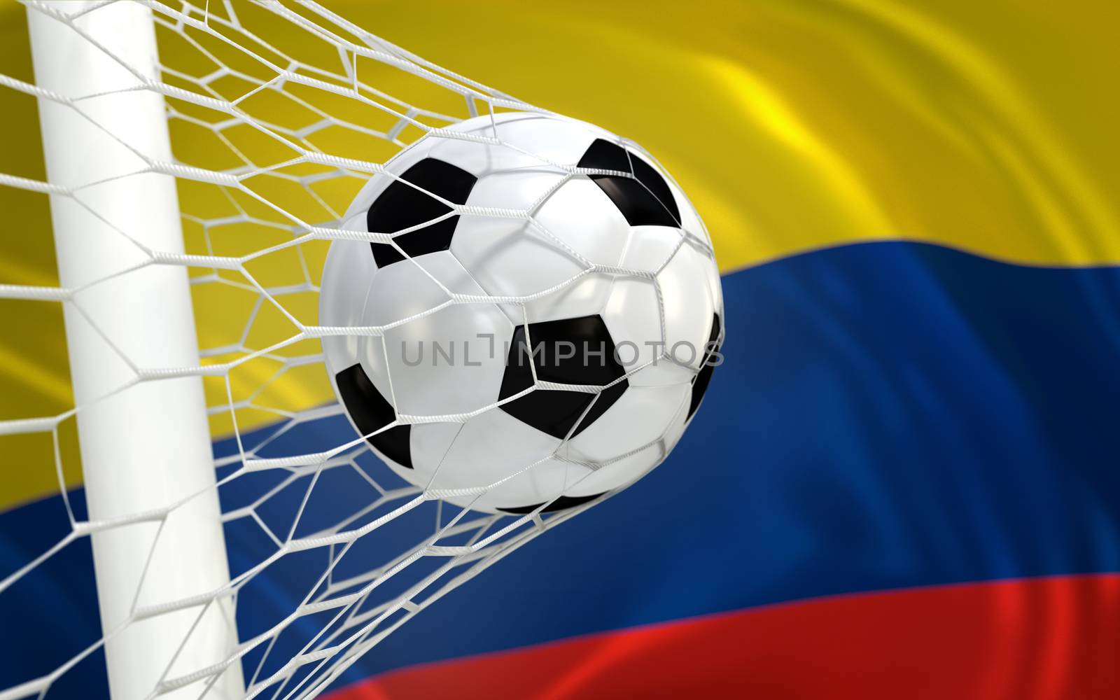 Colombia waving flag and soccer ball in goal net by Barbraford