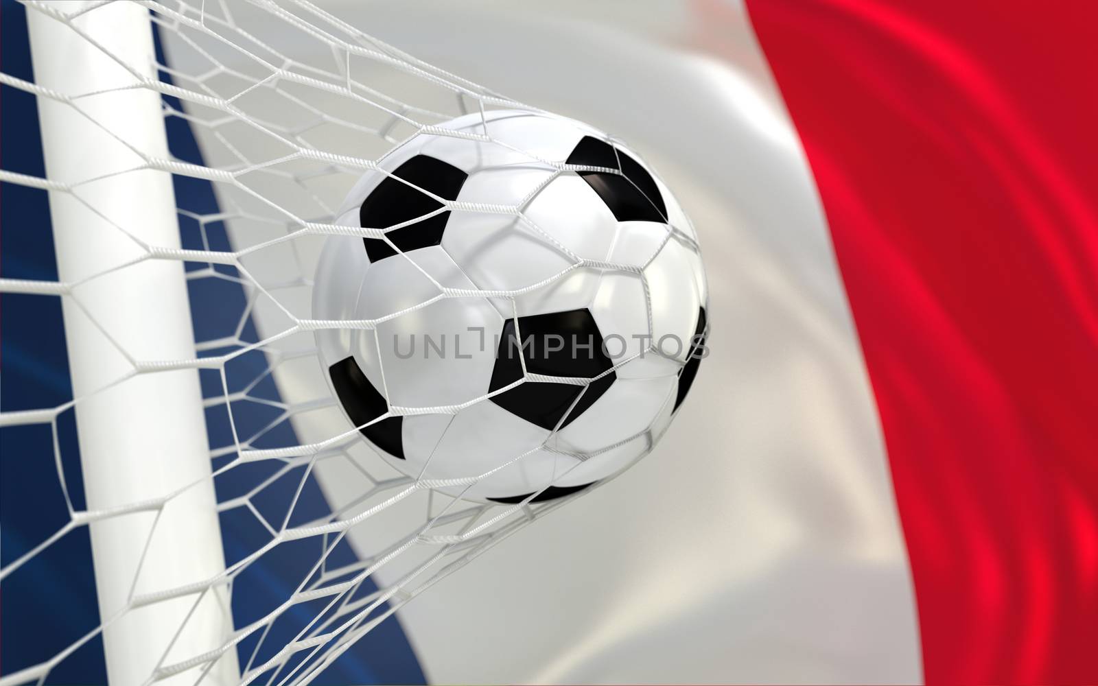 France flag and soccer ball, football in goal net