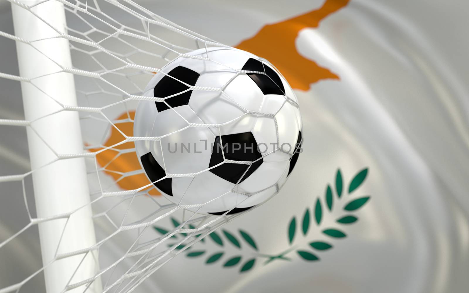 Cyprus flag and soccer ball, football in goal net