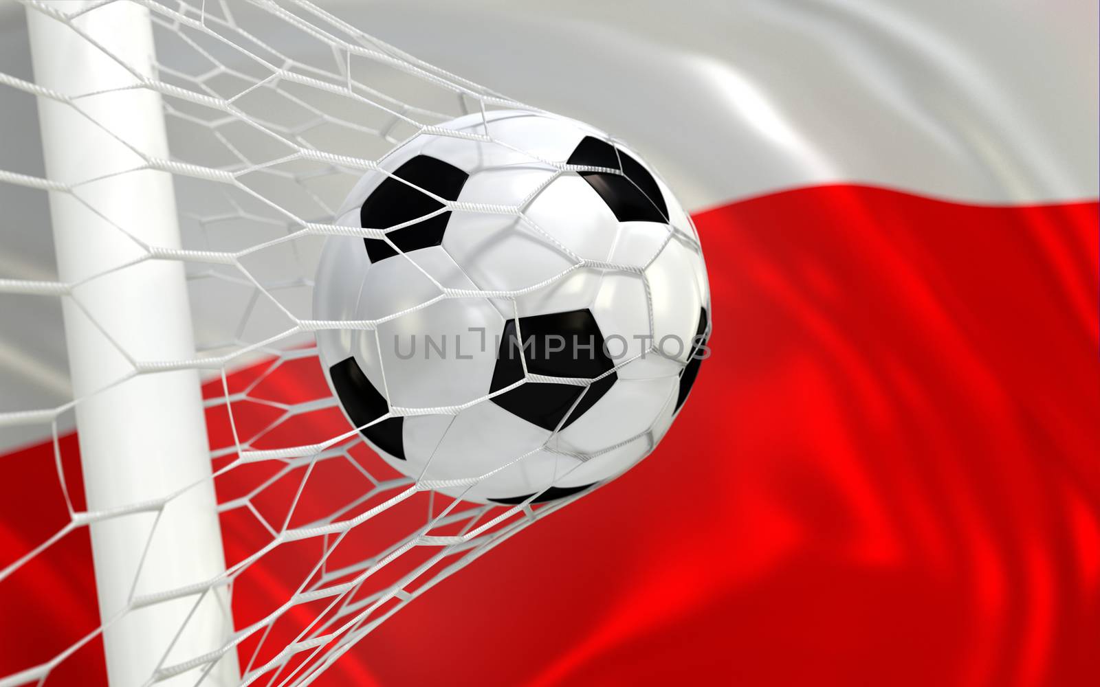 Poland flag and soccer ball, football in goal net