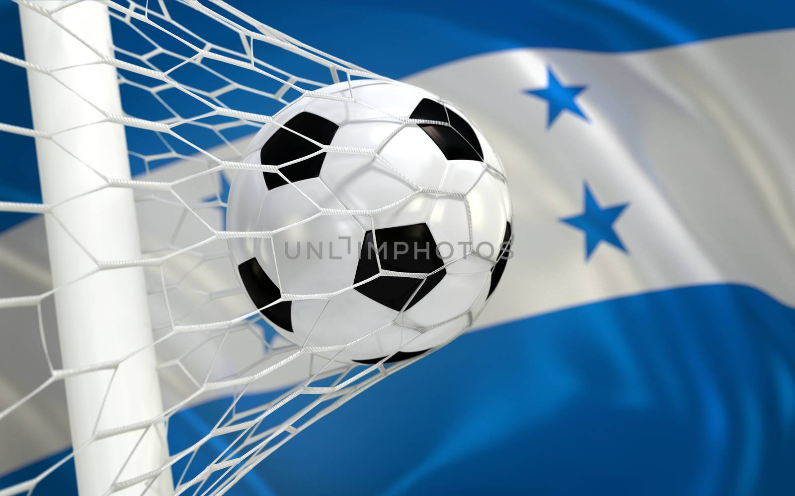Honduras flag and soccer ball, football in goal net