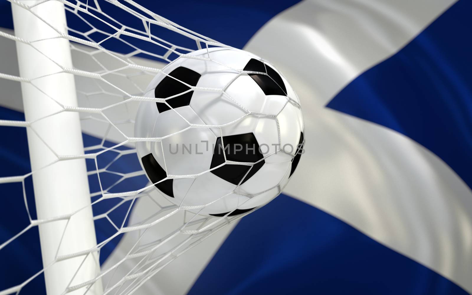 Flag of Scotland and soccer ball in goal net by Barbraford