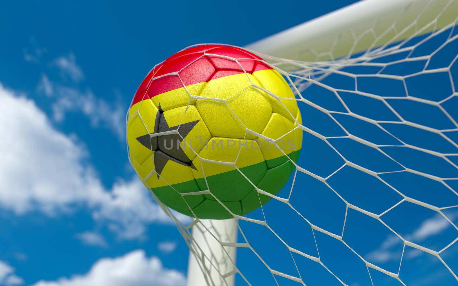 Ghana flag and soccer ball, football in goal net