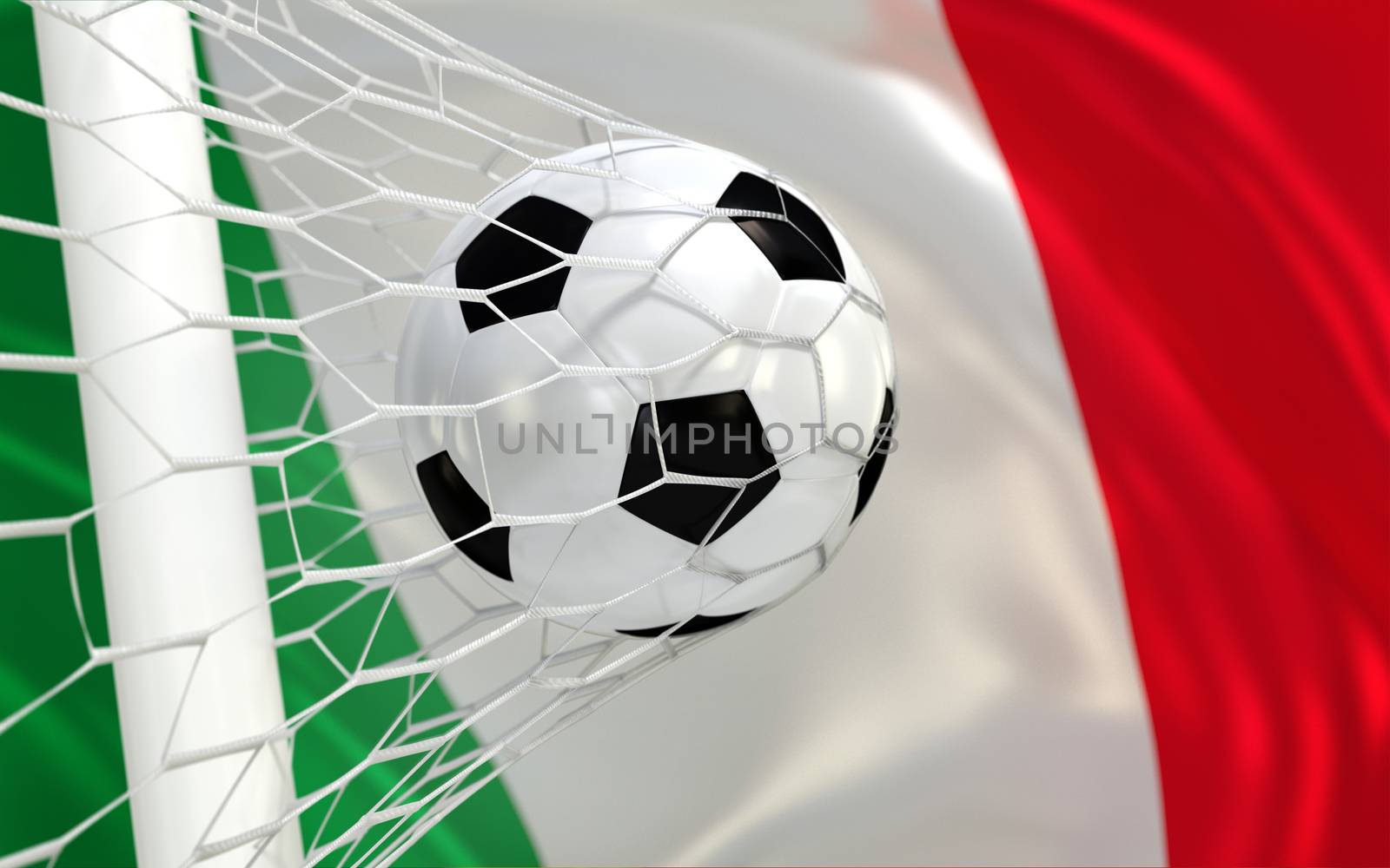 Italy flag and soccer ball, football in goal net