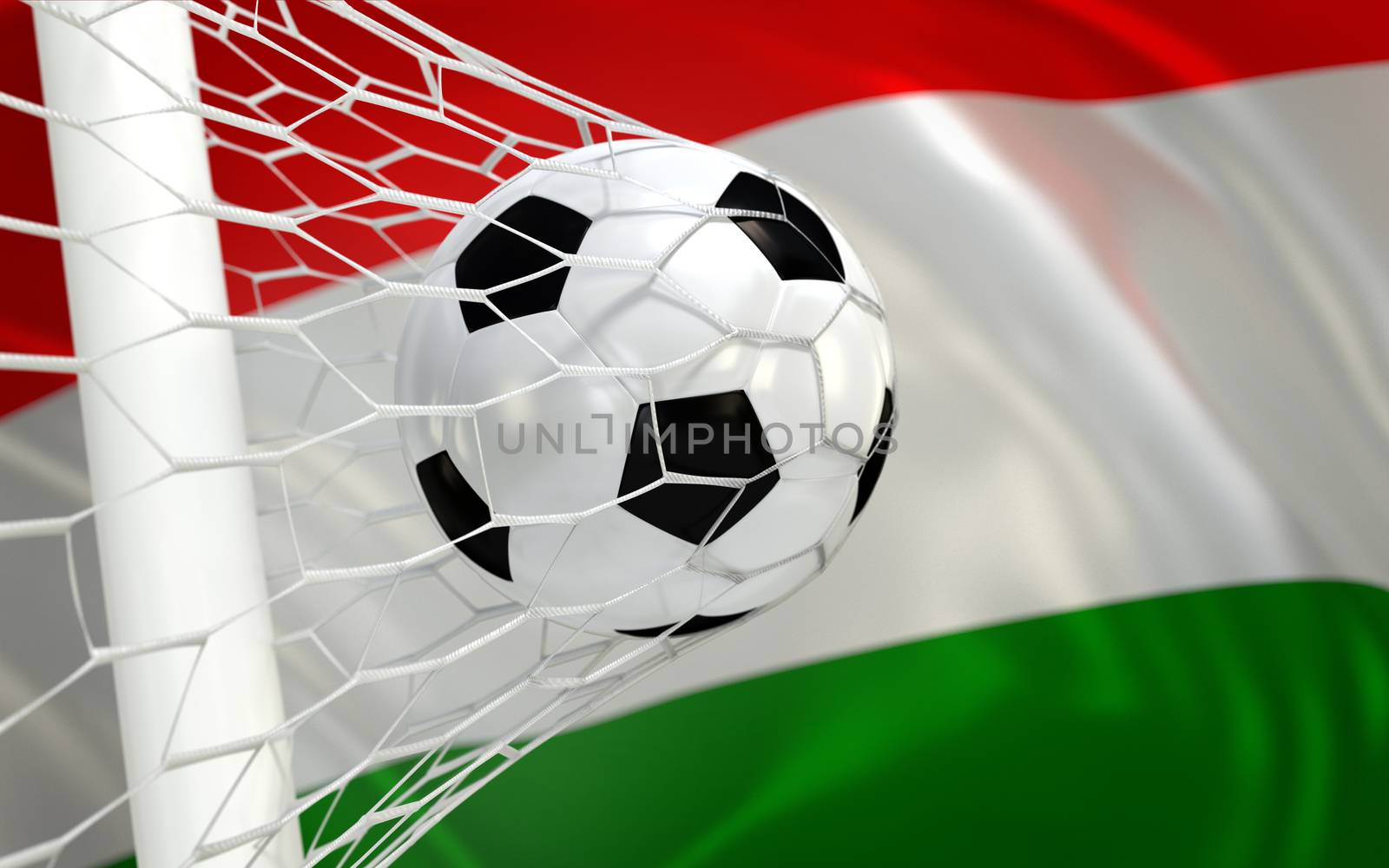 Hungary flag and soccer ball, football in goal net
