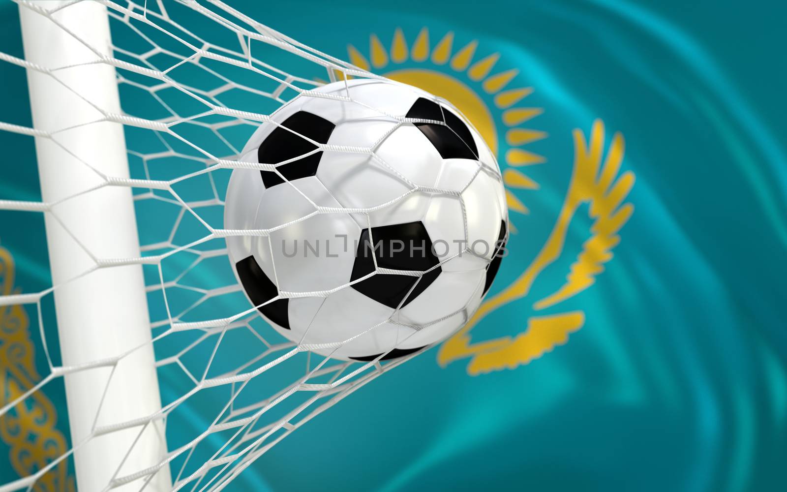 Flag of Kazakhstan and soccer ball in goal net by Barbraford