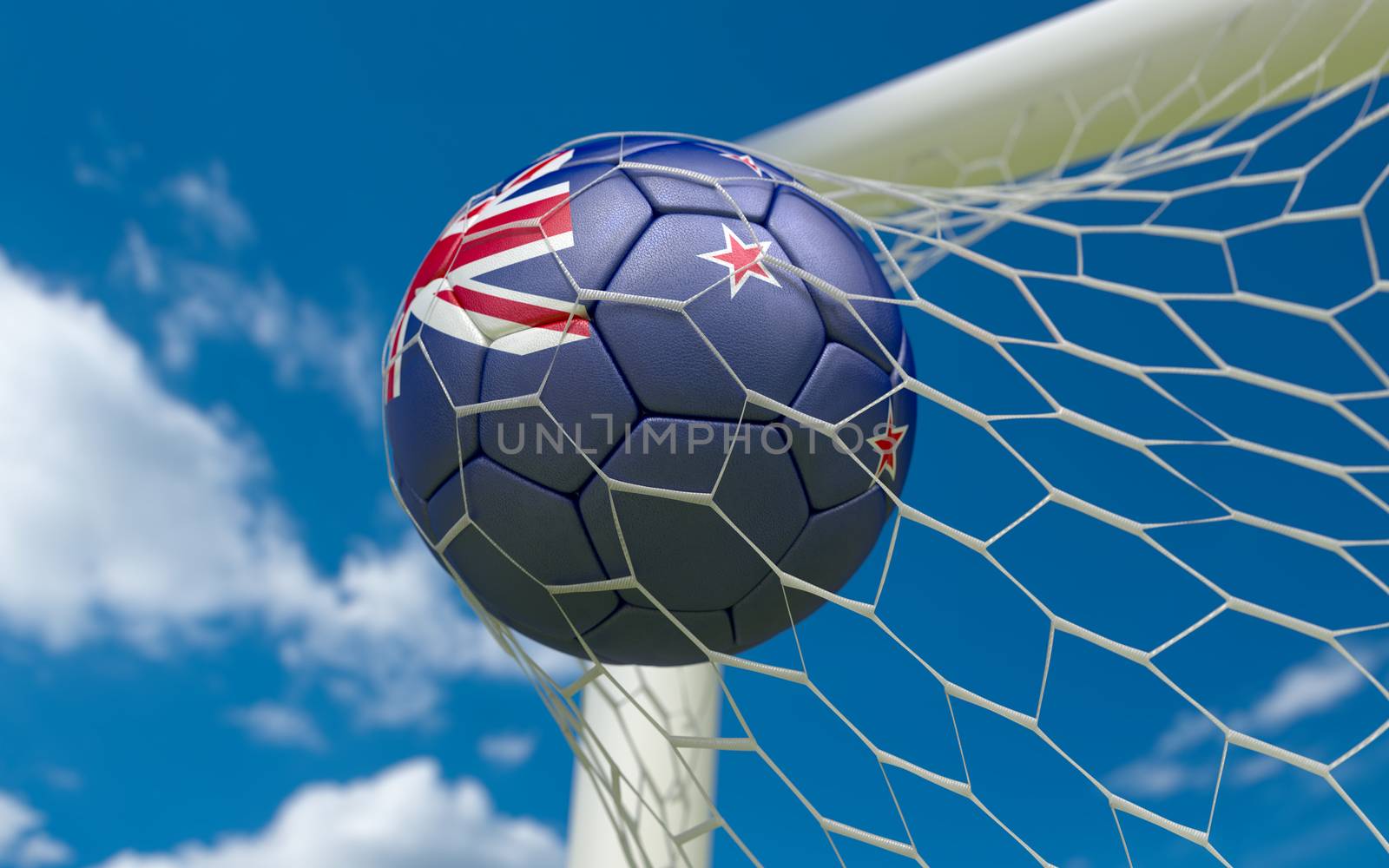 New Zealand flag and soccer ball, football in goal net