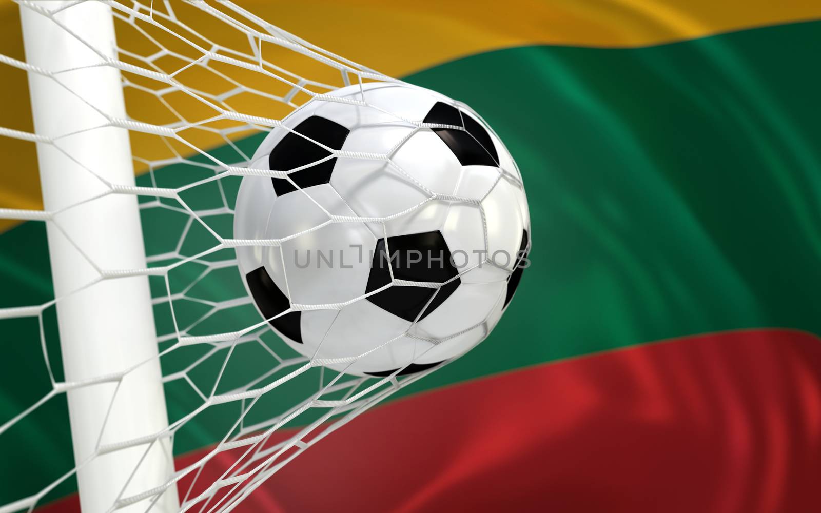 Flag of Lithuania and soccer ball in goal net by Barbraford