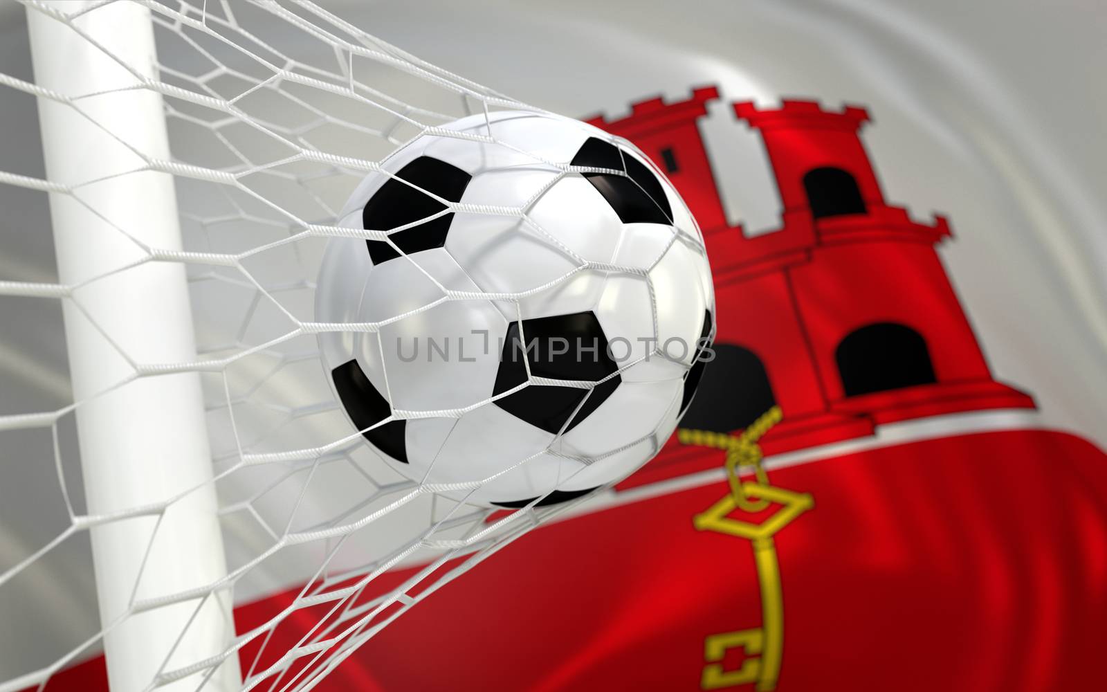 Gibraltar flag and soccer ball, football in goal net