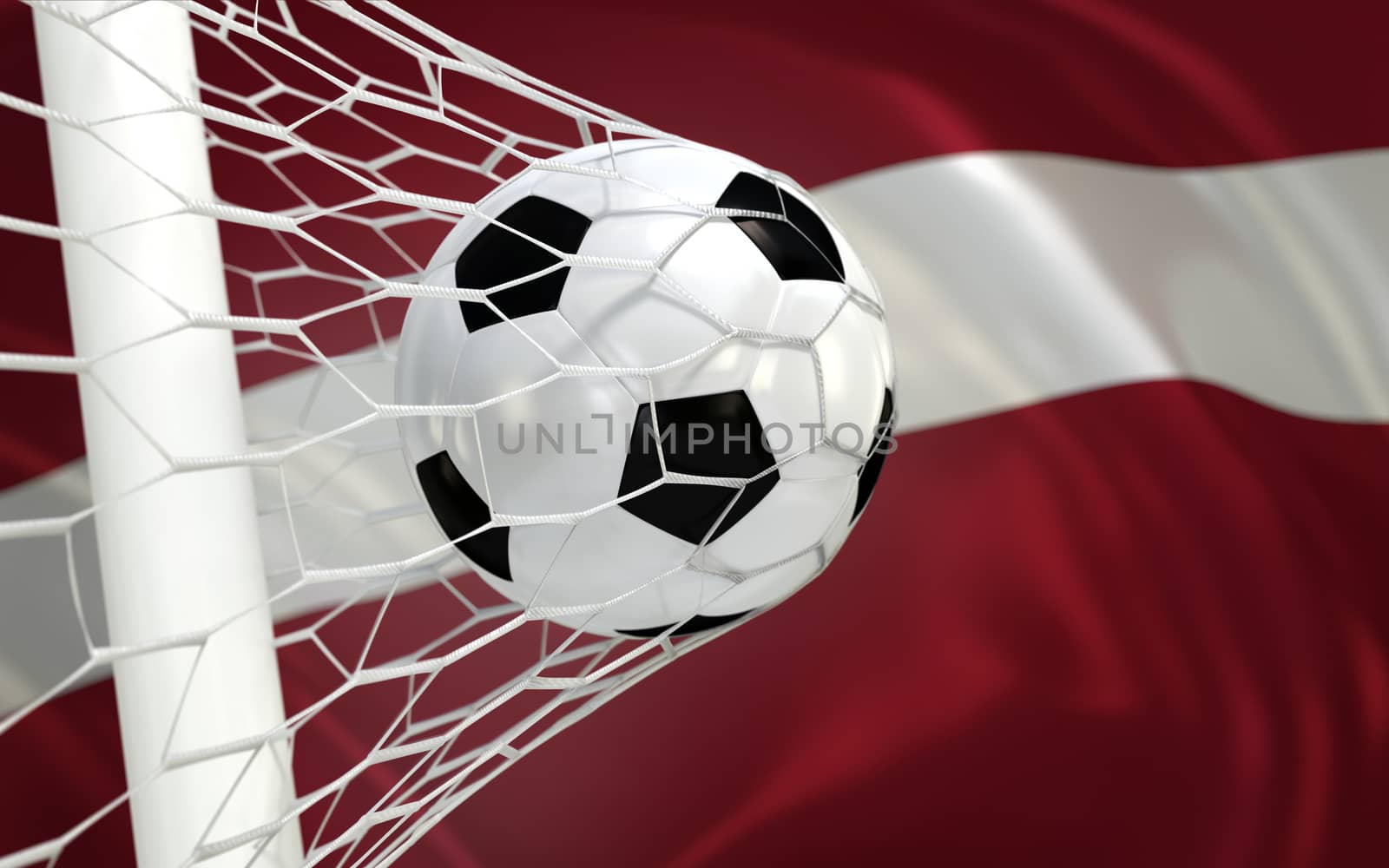 Flag of Latvia and soccer ball in goal net by Barbraford