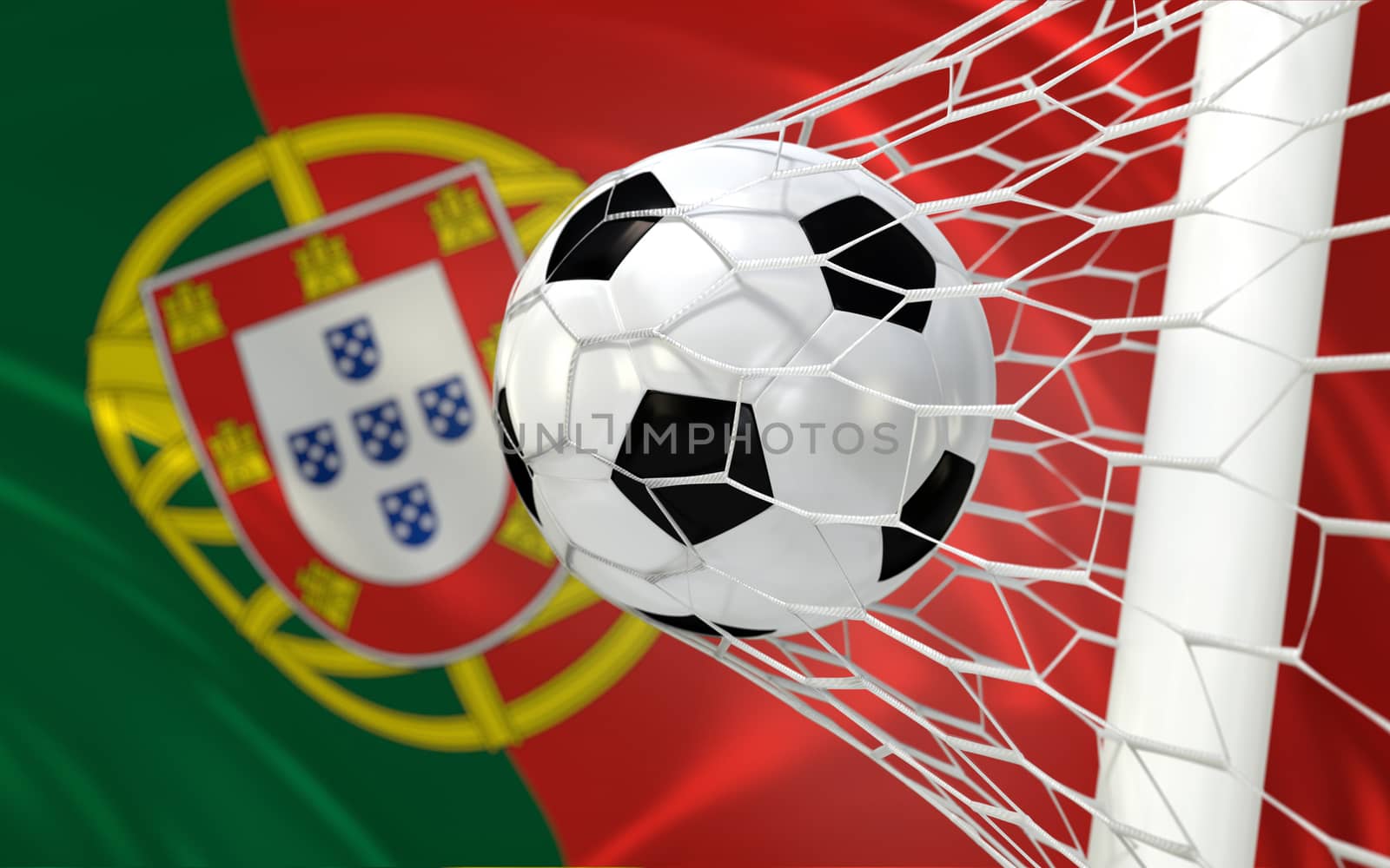 Portugal waving flag and soccer ball in goal net by Barbraford